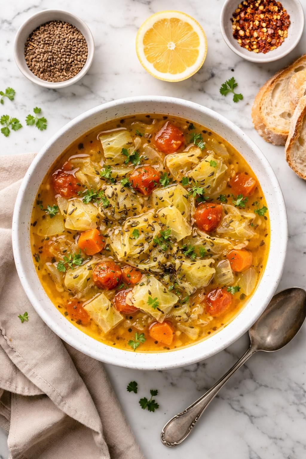 An overheard picture view of a plate of Magic Cabbage Soup with Caraway sitting on a marble countertop table in the kitchen, professional food photography style.