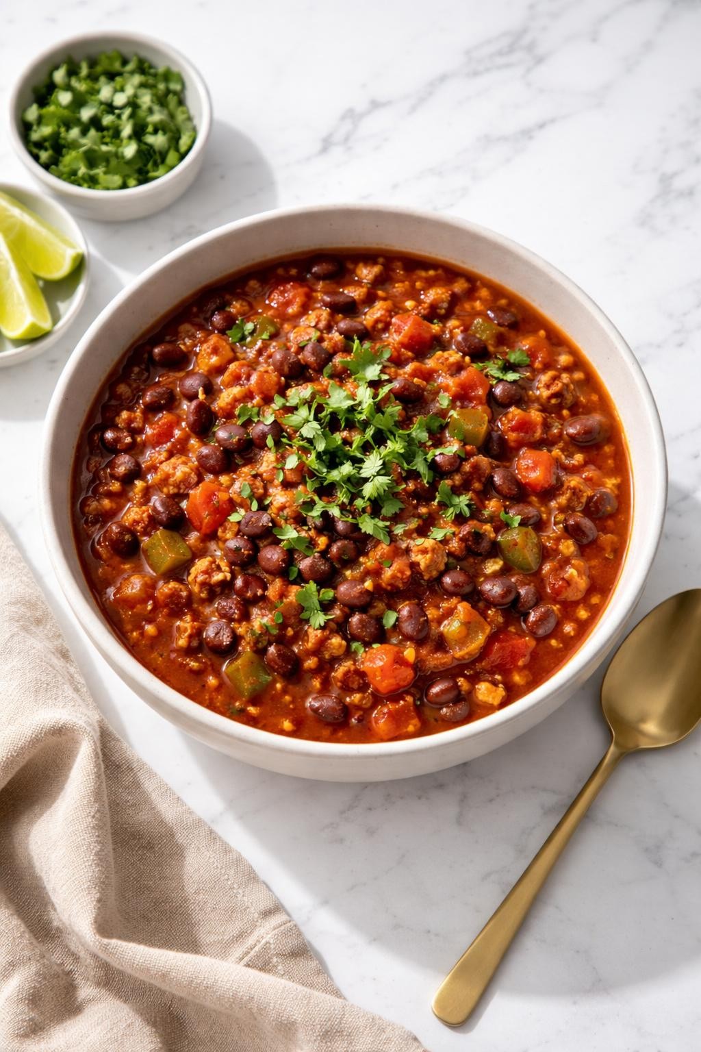 Image Prompt: Top-down realistic editorial food photography of a bowl of homemade vegan tempeh chili on a clean white marble countertop, thick tomato-based chili filled with crumbled tempeh, beans, peppers, and onions, topped with chopped cilantro, warm cozy homemade dinner mood, bright natural daylight, soft shadows, clean editorial styling, high detail, no people, no hands, no text, no watermarks, no props with writing.