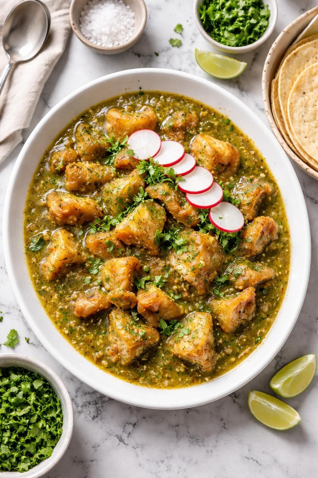 An overheard picture view of a plate of Chicharrón en Salsa Verde sitting on a marble countertop table in the kitchen, professional food photography style.