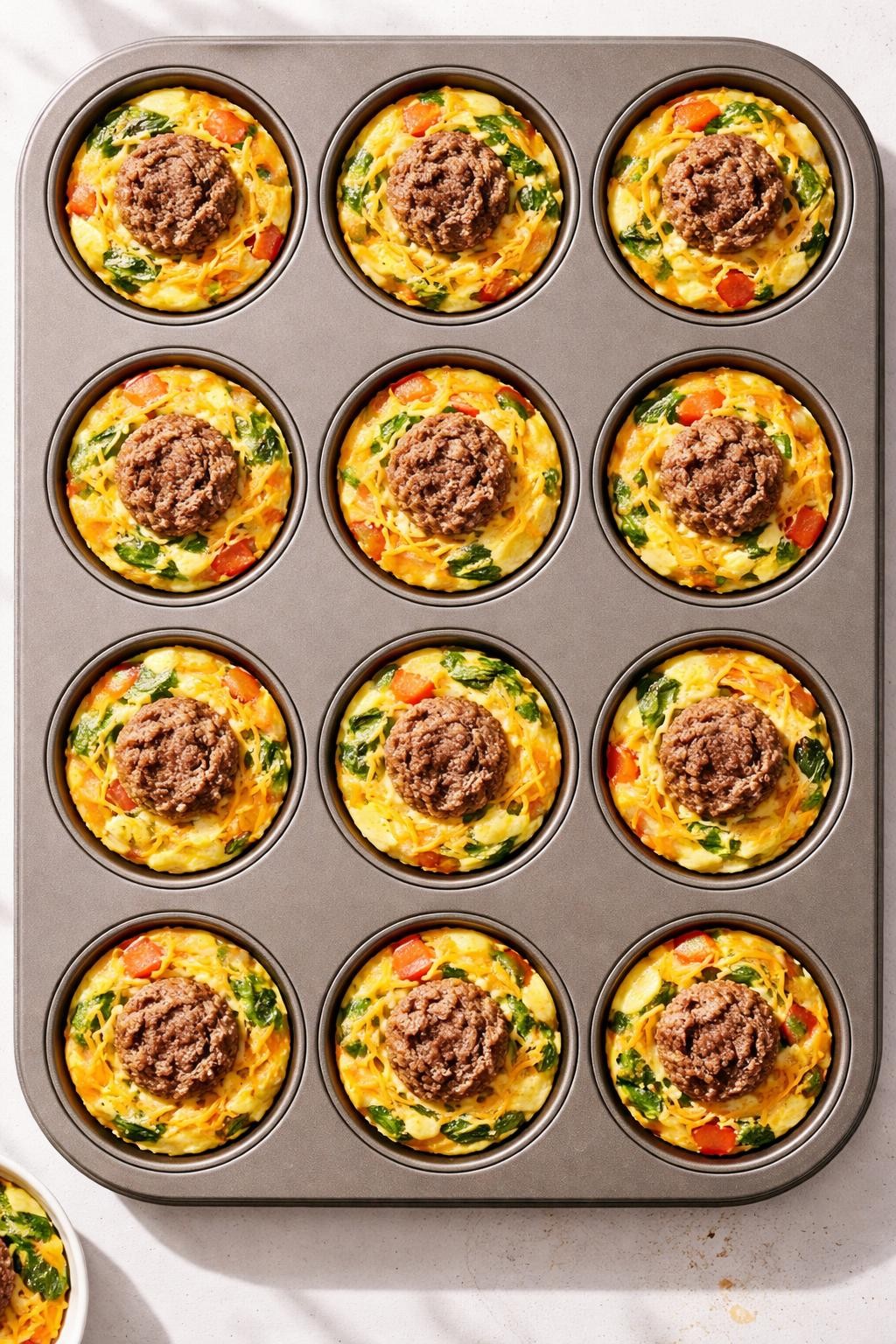 "Top-down realistic shot of a muffin tin filled with twelve egg muffins, each with a mini turkey sausage patty baked into the center. A sprinkle of shredded cheddar on top. Bright morning light, portable high-protein breakfast, no people, no hands, no text, no watermarks."