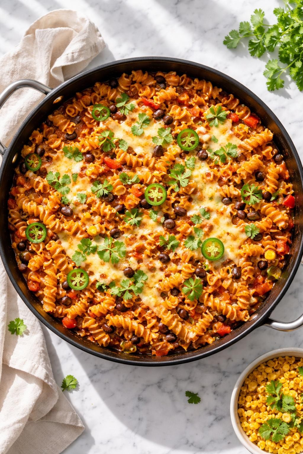 Image Prompt: Realistic top-down editorial food photography of one-pot Mexican pasta in a deep skillet on a white marble countertop, short pasta cooked in a rich tomato sauce with corn, black beans, diced tomatoes, peppers, and melted cheese, bright natural daylight, soft shadows, clean editorial food styling, high detail, realistic food texture, no people, no hands, no text, no watermarks, no props with writing.