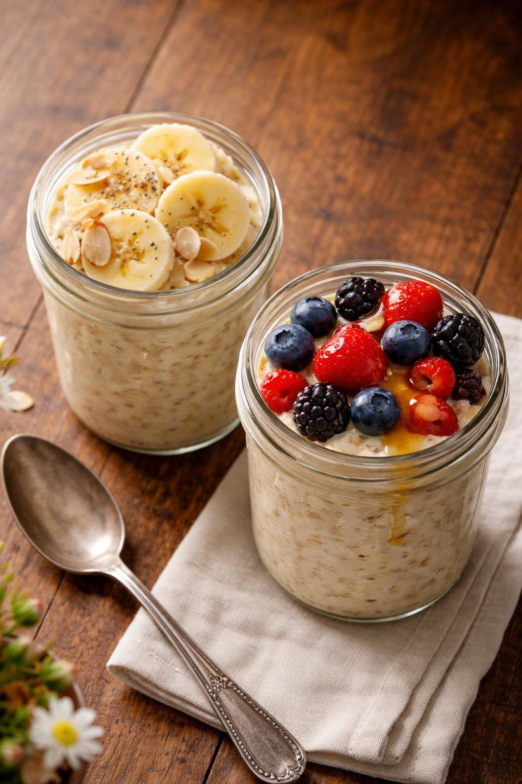 Prompt: Realistic top-down editorial food photography of two glass jars filled with overnight oats, one topped with sliced bananas and almond slices, the other with mixed berries and a drizzle of honey. A spoon rests beside the jars on a wooden table. Soft morning light, creamy oatmeal texture visible through the glass, healthy breakfast aesthetic, no people, no hands, no text, no watermarks, no props with writing.