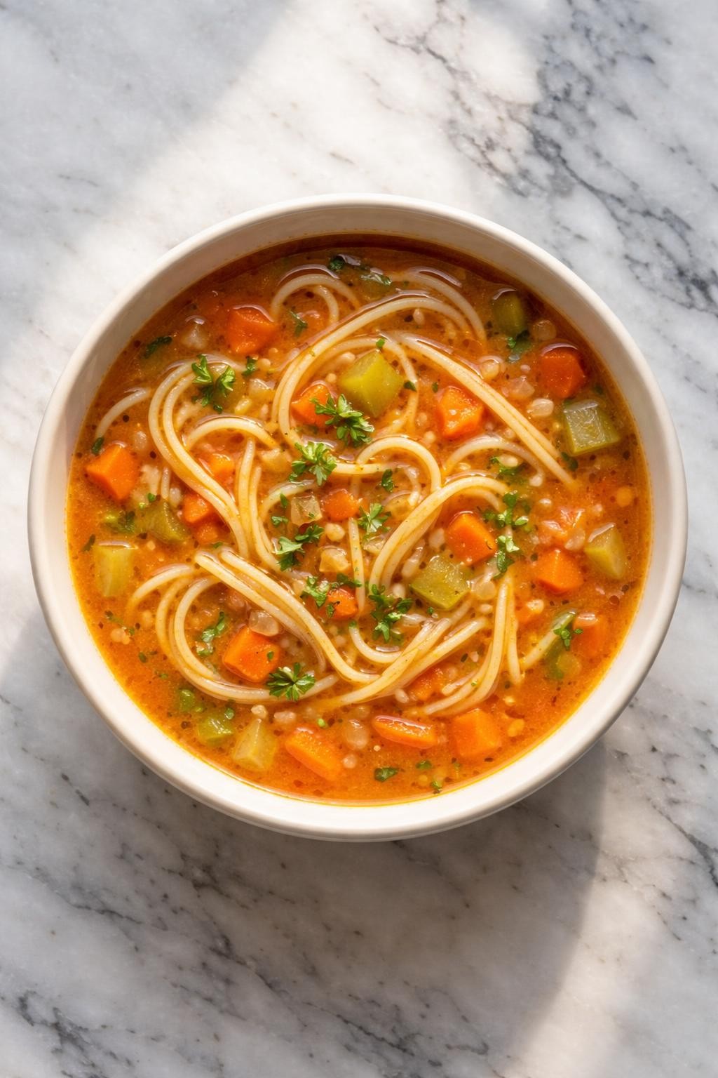 Prompt: Top-down realistic editorial food photography of leftover spaghetti soup in a simple bowl on a clean white and gray marble countertop, cut spaghetti noodles in a light tomato broth with carrots, celery, herbs, and a rich homemade soup look, warm cozy meal mood, bright natural window lighting, soft shadows, clean composition, high detail, realistic food texture, no people, no hands, no text, no watermarks, no props with writing.