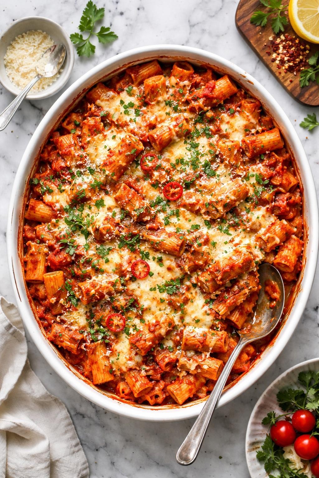 An overheard picture view of a plate of Spicy Arrabbiata Baked Pasta sitting on a marble countertop table in the kitchen, professional food photography style.