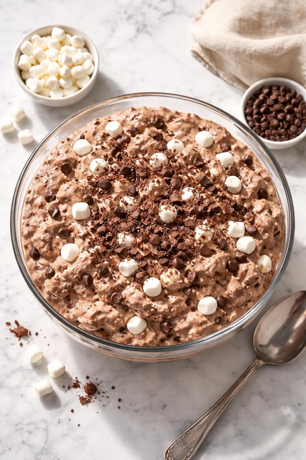 Image Prompt: Realistic top-down editorial food photography of chocolate fluff salad in a clear serving bowl on a white marble countertop, rich chocolate fluffy salad with mini marshmallows, whipped topping, chocolate pudding, and shaved chocolate on top, fun potluck dessert styling, bright natural daylight, soft shadows, clean editorial composition, high detail, realistic texture, no people, no hands, no text, no watermarks, no props with writing.