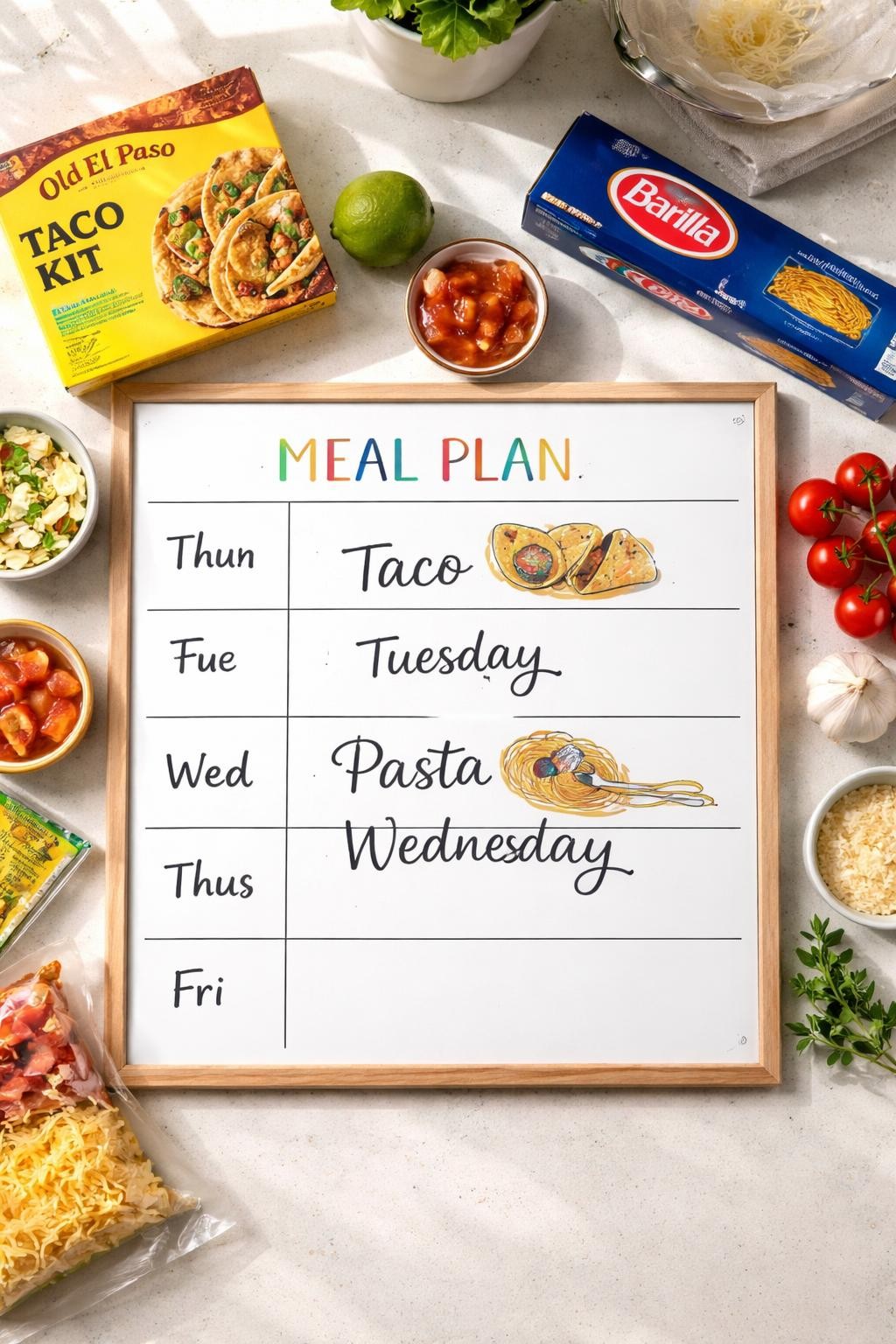 Photo prompt: Realistic top-down editorial food photography of a weekly meal plan whiteboard with "Taco Tuesday" and "Pasta Wednesday" written. A taco kit and a box of pasta next to the board. Bright natural light, organized family planning mood, no people, no hands, no text, no watermarks, no props with writing.