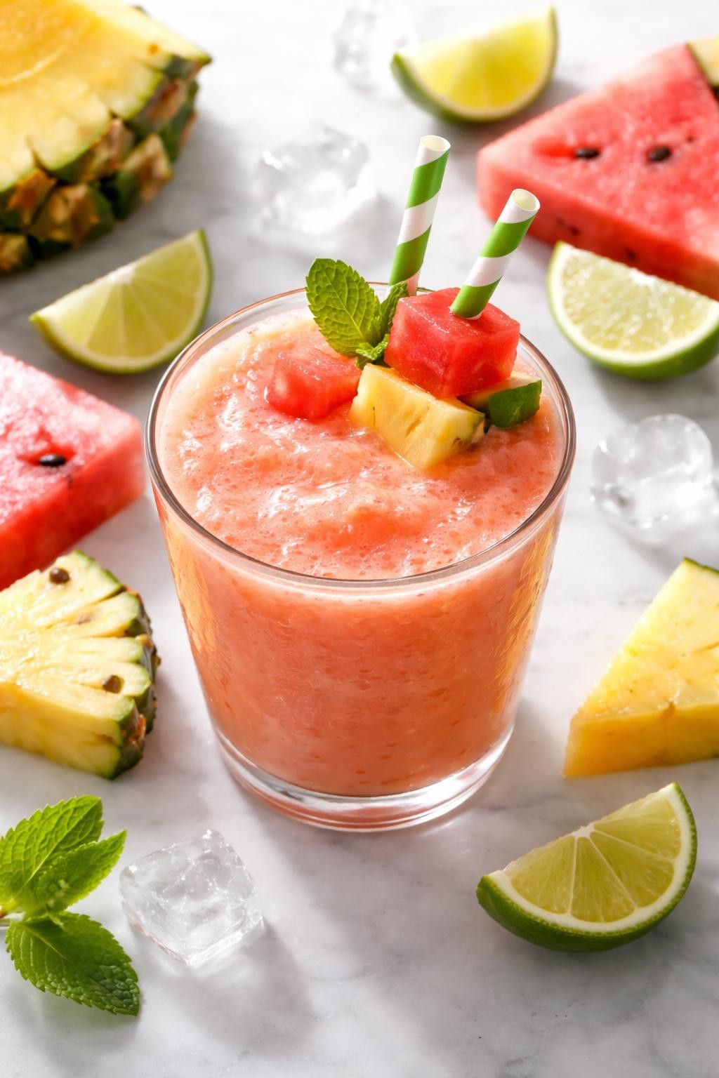 Realistic top-down food photography of a pineapple watermelon smoothie in a clear glass on a clean white marble countertop. The smoothie is pink-orange, icy, and refreshing, styled with watermelon cubes, pineapple chunks, lime wedges, and a few ice cubes nearby. Bright natural light, fresh summer tropical styling, high detail, realistic smoothie texture, no people, no hands, no text, no watermarks, no props with writing.