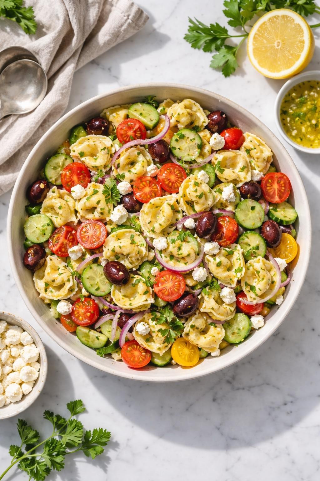 Image Prompt: Realistic top-down editorial food photography of Greek tortellini pasta salad in a large bowl on a white marble countertop, cheese tortellini mixed with cucumber, cherry tomatoes, kalamata olives, red onion, feta cheese, and lemon herb dressing, bright fresh Mediterranean styling, natural daylight, soft shadows, clean composition, no people, no hands, no text, no watermarks, no props with writing.