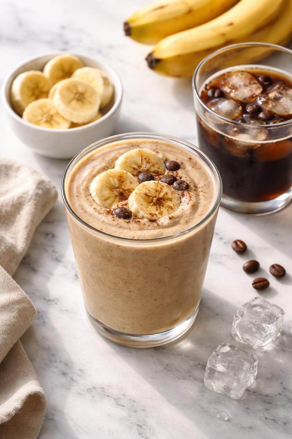 Realistic top-down editorial food photography of a creamy banana coffee smoothie served in a clear glass on a clean white and gray marble countertop. The smoothie is light coffee brown, thick, smooth, and cold-looking, with banana slices, cold coffee in a plain glass, and a few ice cubes styled neatly nearby. Bright natural window lighting, soft shadows, clean morning breakfast smoothie styling, high detail, realistic creamy texture, no people, no hands, no text, no watermarks, no props with writing.