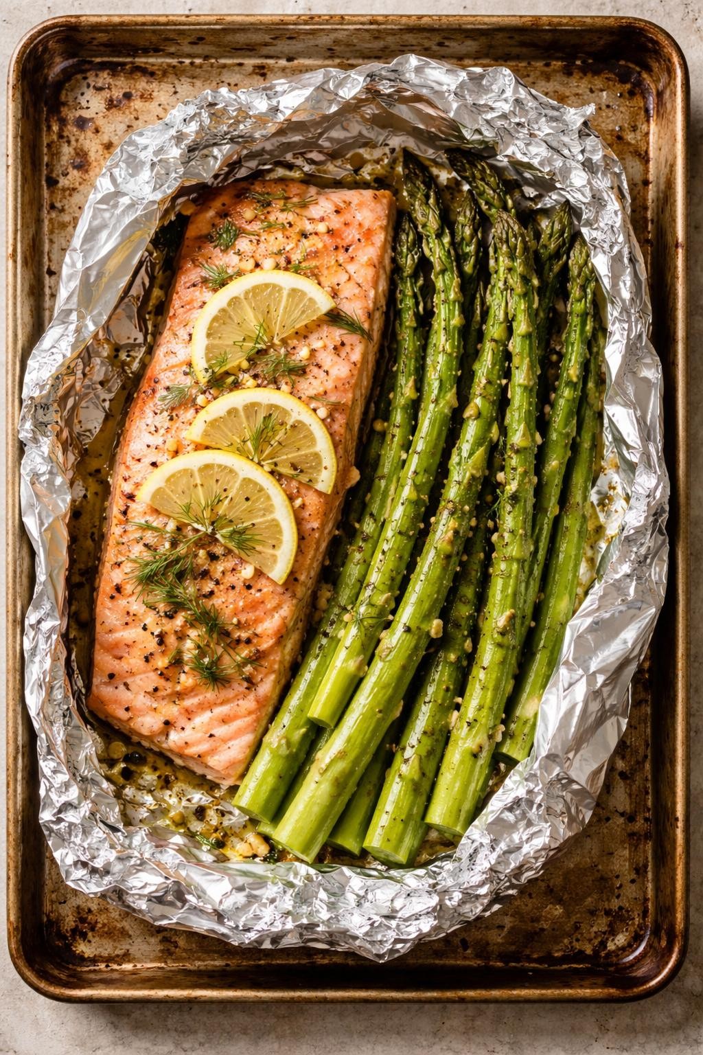 "Realistic top-down food photography of an opened foil packet on a baking sheet. Inside are a salmon fillet and asparagus spears, both seasoned with lemon slices, dill, and black pepper. The salmon is pink and flaky, the asparagus bright green. Soft natural light, easy no-mess healthy dinner, no people, no hands, no text, no watermarks."