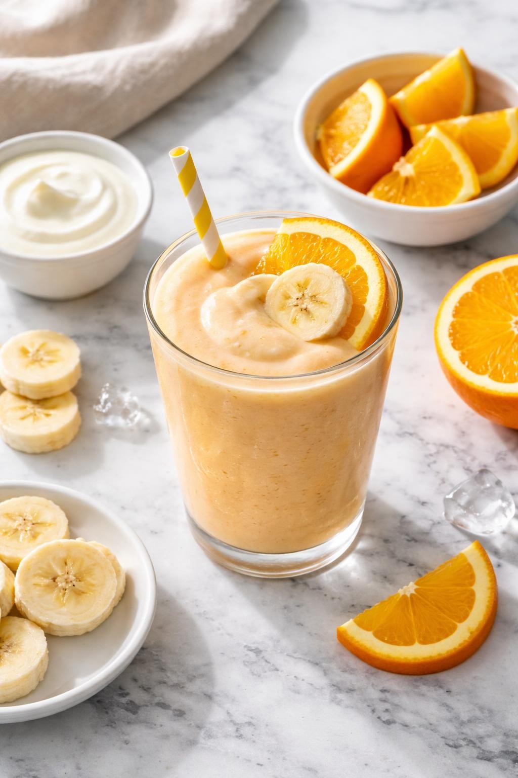 Realistic top-down editorial food photography of a 3-ingredient orange cream smoothie served in a clear glass on a clean white and gray marble countertop. The smoothie is pale orange, creamy, smooth, and fresh-looking, styled with orange slices, banana rounds, and plain yogurt in a small bowl nearby. Bright natural daylight, clean citrus breakfast styling, realistic creamy texture, high detail, no people, no hands, no text, no watermarks, no props with writing.