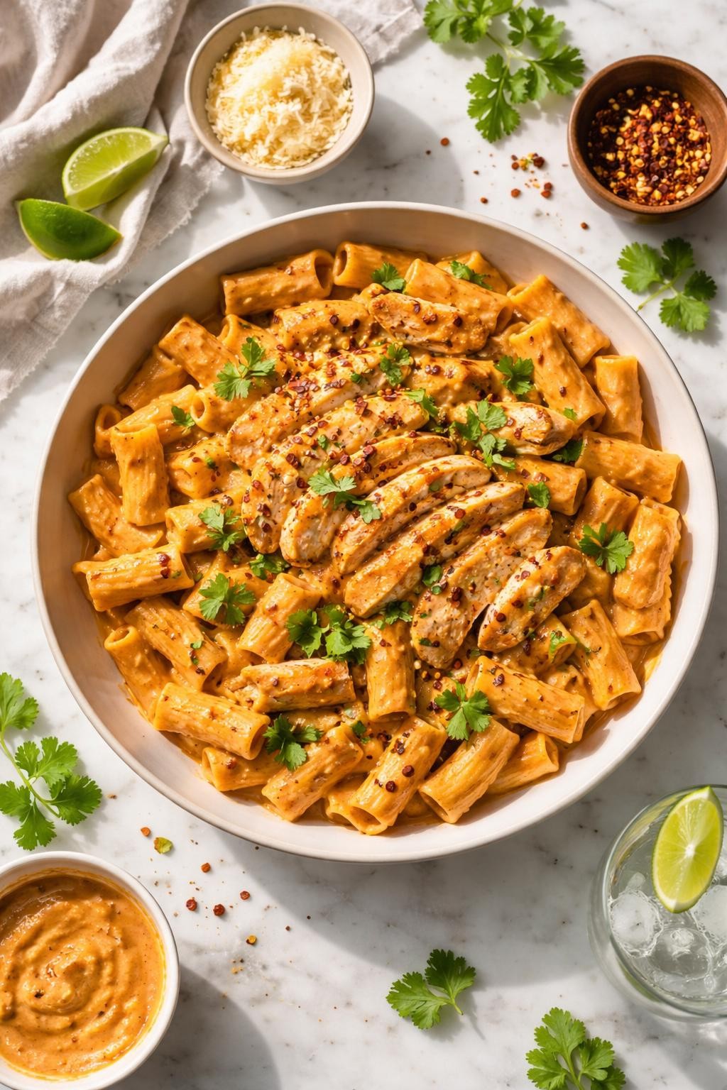 Image Prompt: Realistic top-down editorial food photography of chipotle chicken pasta on a white marble countertop, pasta coated in a smoky creamy chipotle sauce with sliced chicken and chopped cilantro, warm rich tones, bright natural daylight, soft shadows, clean editorial food styling, high detail, realistic food texture, no people, no hands, no text, no watermarks, no props with writing.
