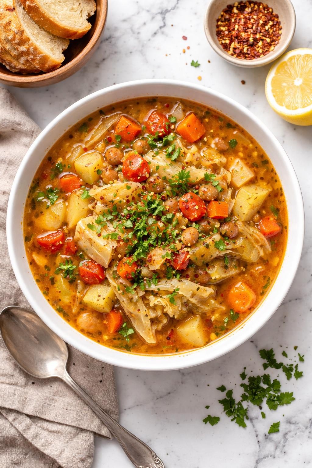 An overheard picture view of a plate of Hearty Vegan Cabbage Soup sitting on a marble countertop table in the kitchen, professional food photography style.