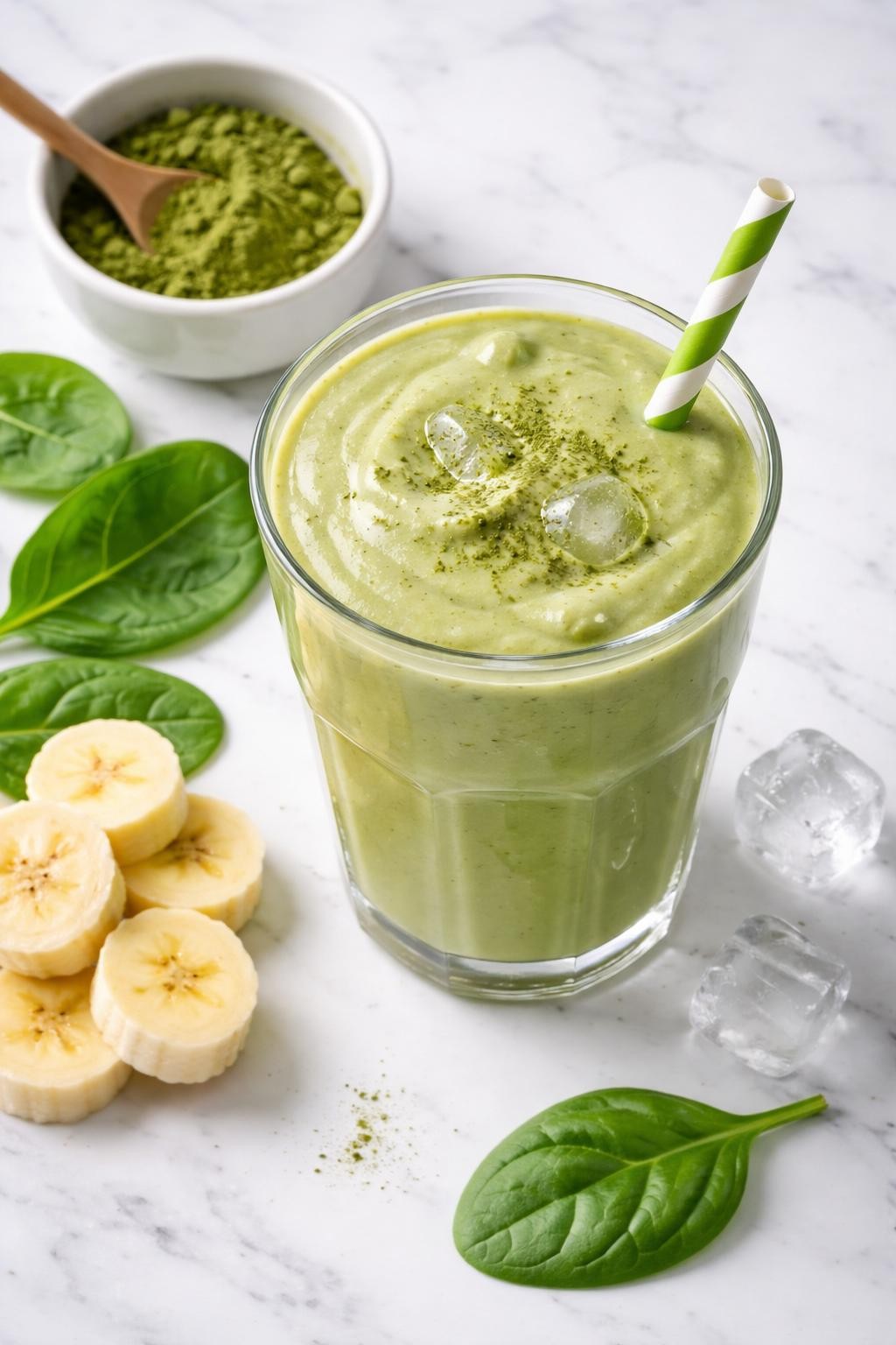 Realistic top-down editorial food photography of a creamy matcha green smoothie in a clear glass on a clean white marble countertop. The smoothie is soft green with a smooth thick texture, styled with a small bowl of matcha powder, banana slices, spinach leaves, and a few ice cubes nearby. Bright natural light, clean modern breakfast styling, high detail, realistic smoothie texture, no people, no hands, no text, no watermarks, no props with writing.