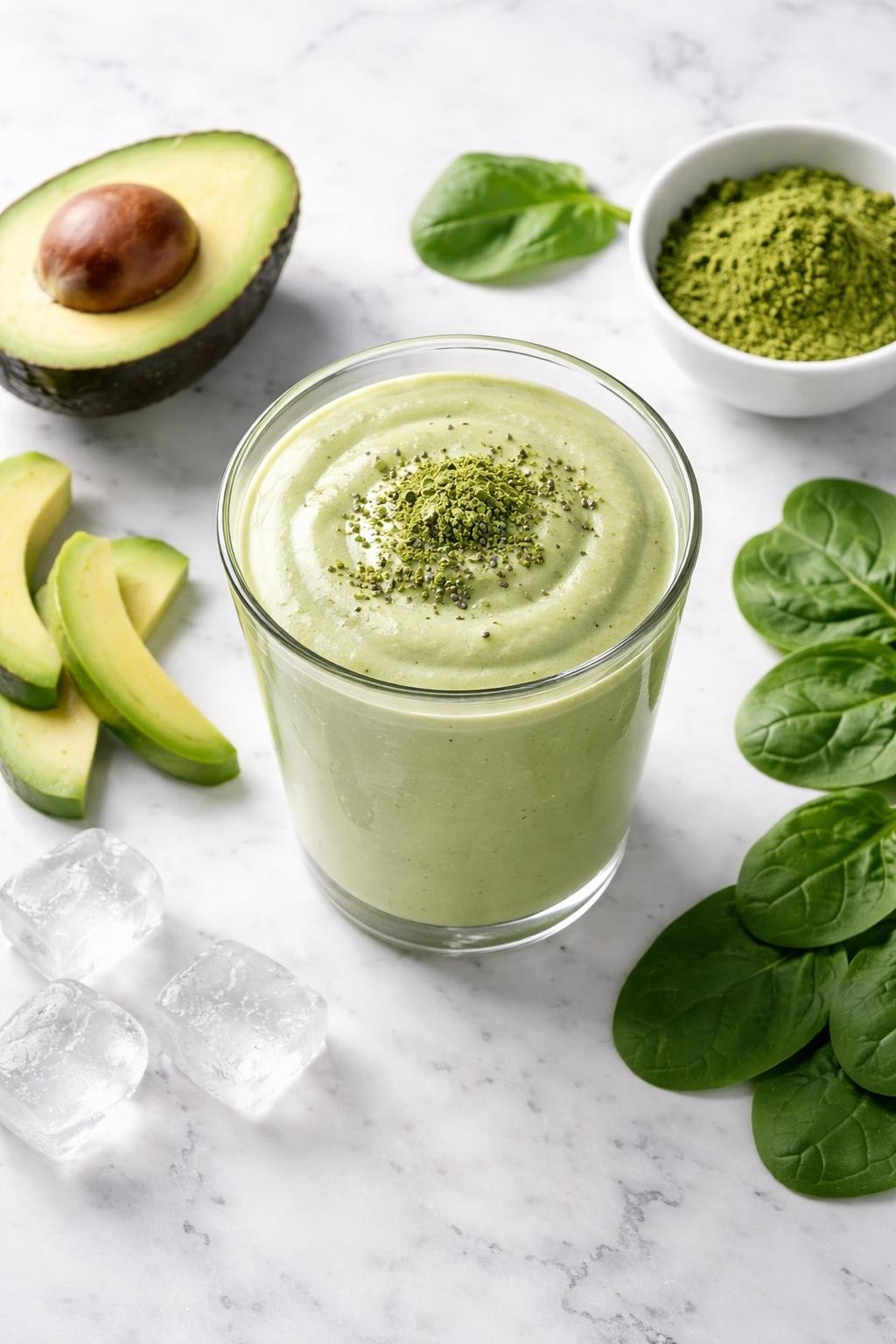 Realistic top-down editorial food photography of a creamy keto matcha smoothie in a clear glass on a clean white marble countertop. The smoothie is soft green, thick, and smooth, styled with matcha powder in a plain small bowl, avocado slices, spinach leaves, and ice cubes nearby. Bright natural light, clean modern low-carb breakfast styling, high detail, realistic smoothie texture, no people, no hands, no text, no watermarks, no props with writing.