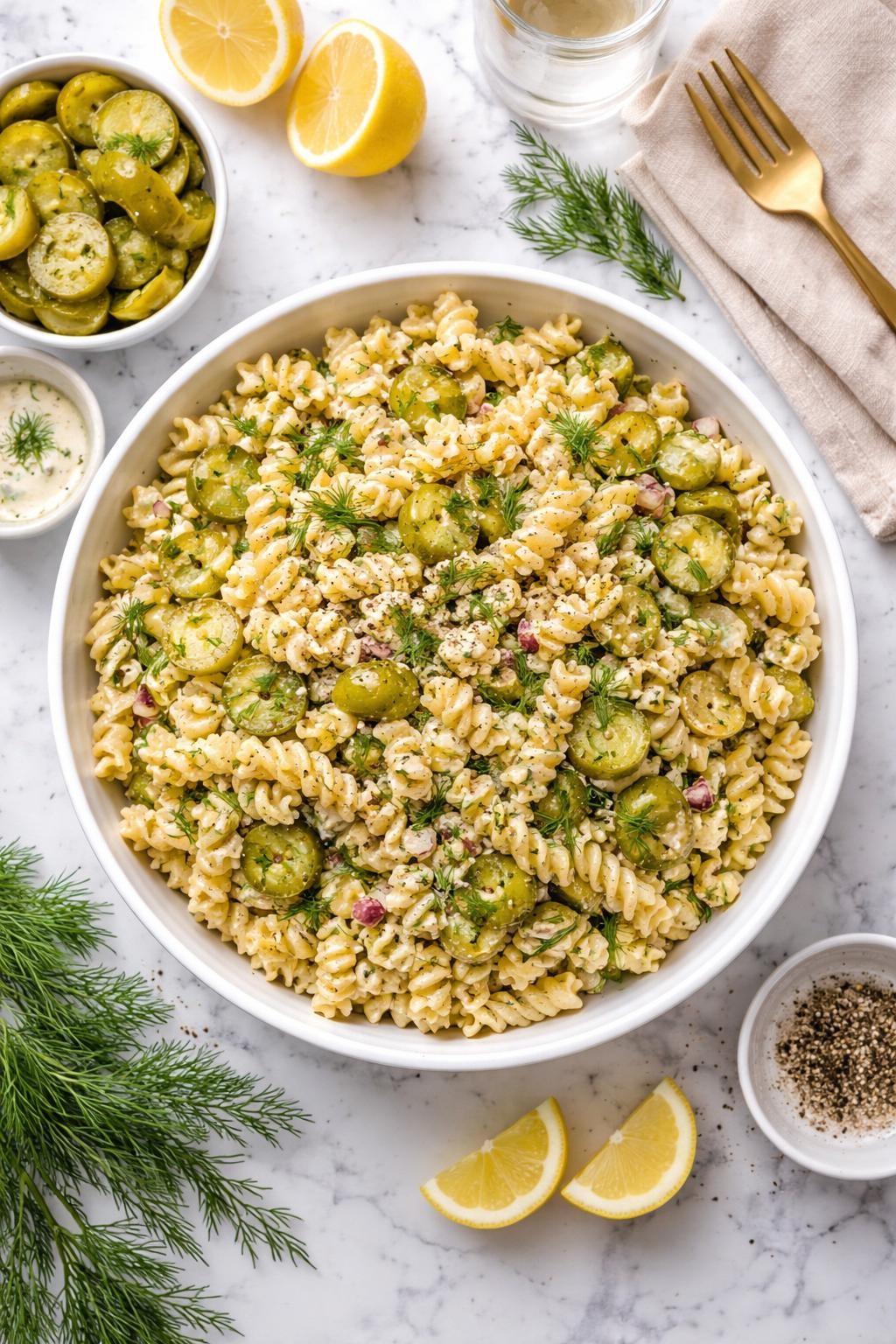 An overheard picture view of a plate of Vegan Dill Pickle Pasta Salad sitting on a marble countertop table in the kitchen, professional food photography style.