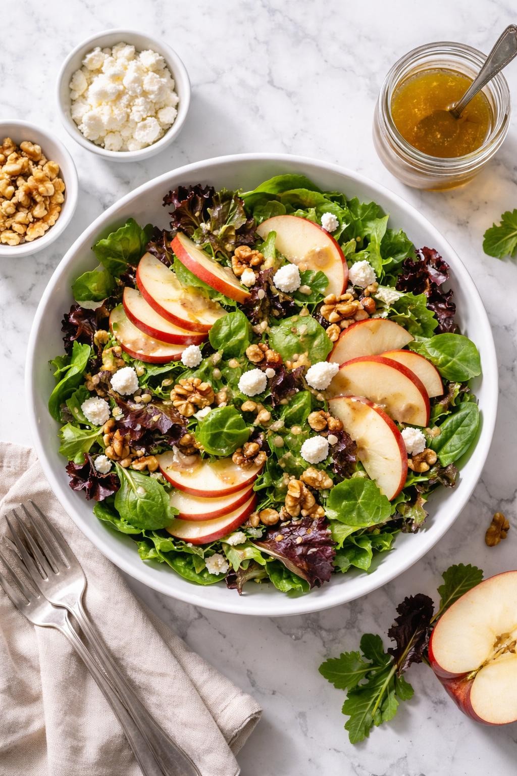 Image Prompt: Realistic top-down editorial food photography of an apple walnut spring mix salad on a clean white and gray marble countertop, filled with spring mix greens, thin apple slices, chopped walnuts, goat cheese, and maple vinaigrette, cozy fresh homemade salad styling, soft natural daylight, clean composition, high detail, realistic food texture, no people, no hands, no text, no watermarks, no props with writing.