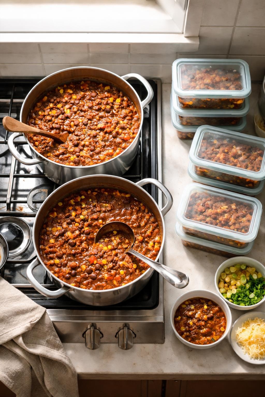 Photo prompt: Realistic top-down editorial food photography of a kitchen counter with two large pots of chili on the stove, plus labeled freezer containers next to them. A ladle and a stack of containers. Soft natural light, smart meal prep strategy mood, no people, no hands, no text, no watermarks, no props with writing.