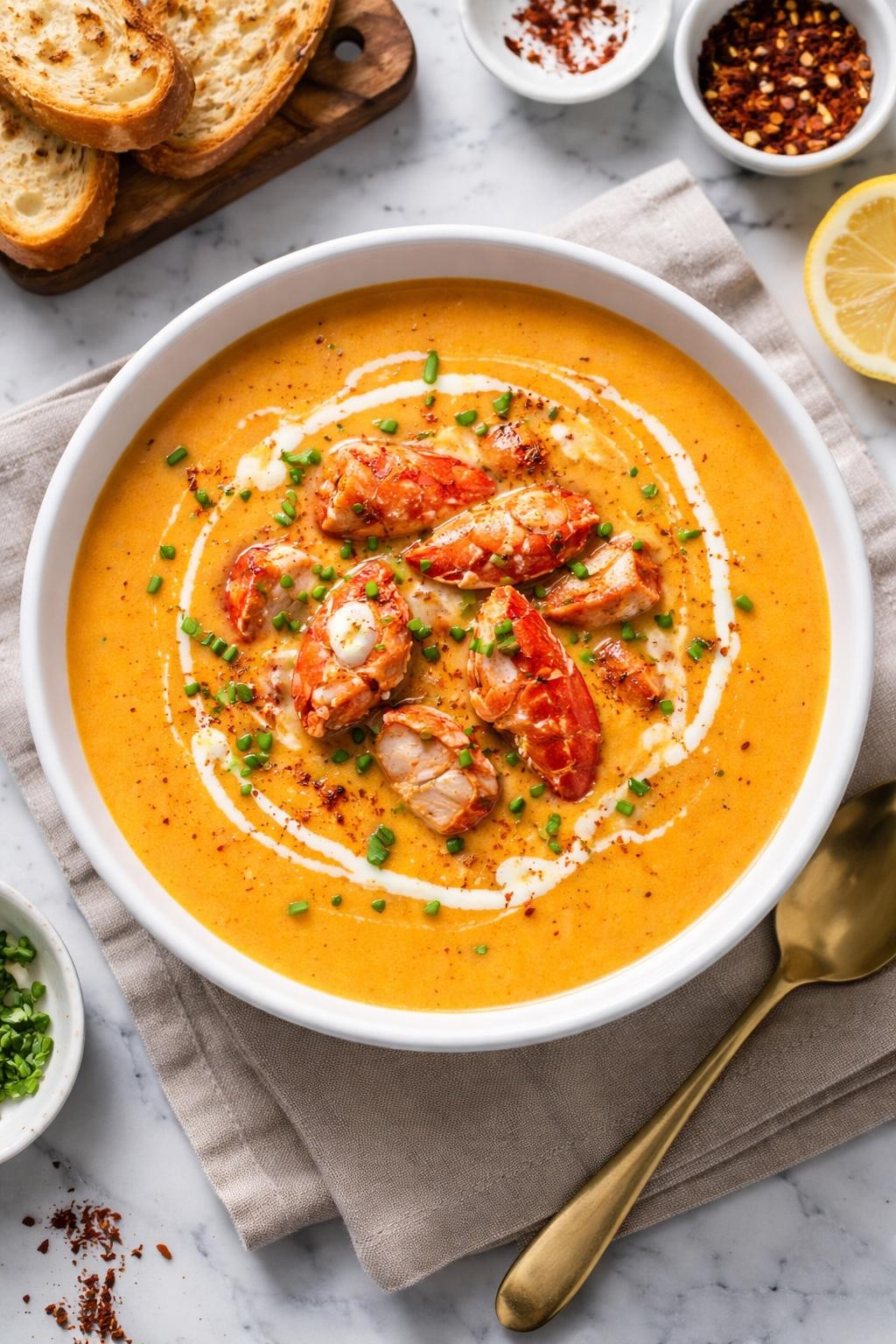 An overheard picture view of a plate of Saffron-Infused Lobster Bisque sitting on a marble countertop table in the kitchen, professional food photography style.