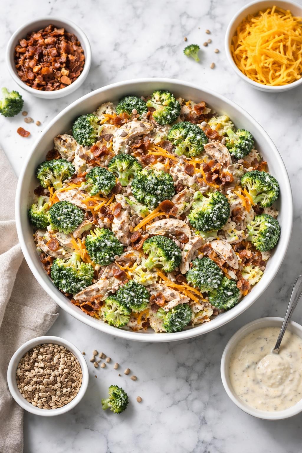 Image Prompt: Realistic top-down editorial food photography of a keto broccoli chicken salad on a clean white and gray marble countertop, filled with chopped broccoli, shredded chicken, bacon, cheddar cheese, sunflower seeds, and creamy dressing, hearty homemade salad mood, bright natural window lighting, soft shadows, clean composition, high detail, realistic food texture, no people, no hands, no text, no watermarks, no props with writing.