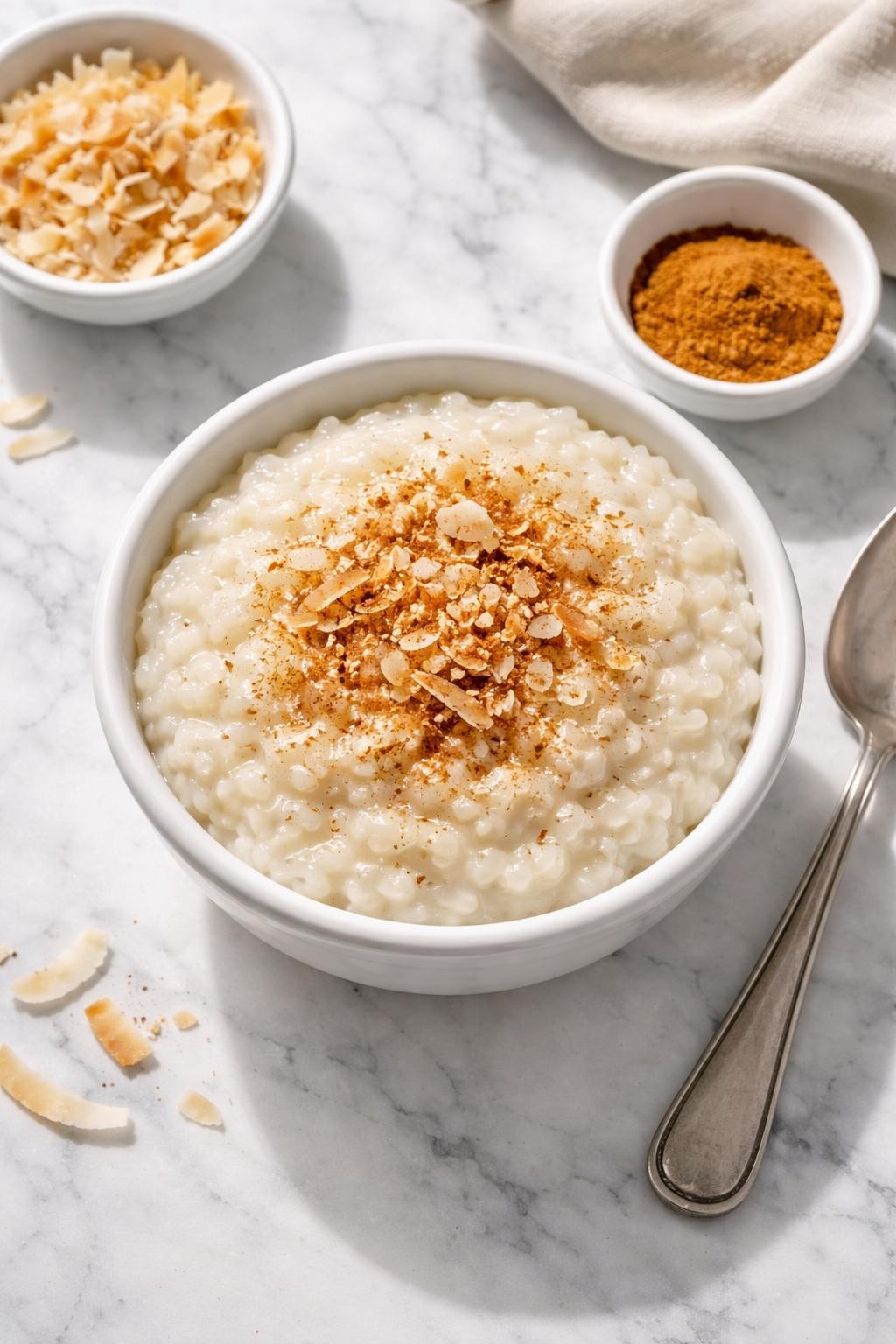 Prompt: Top-down realistic editorial food photography of coconut rice pudding in a small white bowl on a clean white marble countertop, creamy rice pudding with coconut milk, cinnamon, and a soft homemade dessert look, bright natural daylight, soft shadows, clean composition, high detail, realistic food texture, no people, no hands, no text, no watermarks, no props with writing.