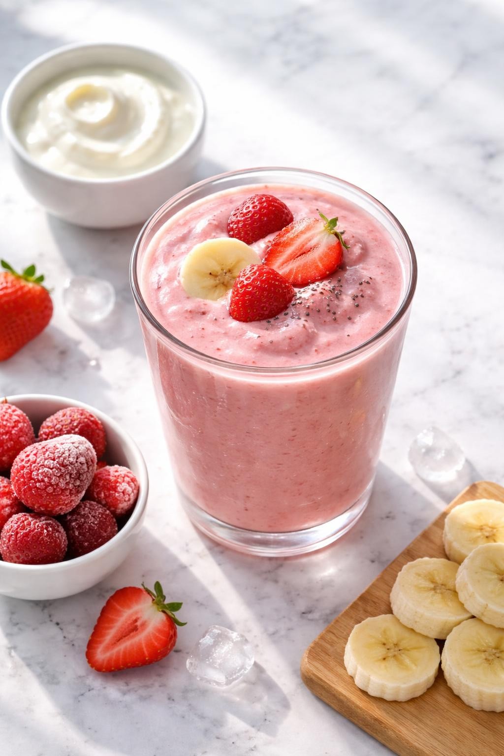 Realistic top-down editorial food photography of a frozen strawberry yogurt smoothie served in a clear glass on a clean white marble countertop. The smoothie is soft pink, thick, creamy, and frosty, styled with frozen strawberries, a plain bowl of Greek yogurt, banana slices, and a few ice crystals nearby. Bright natural window lighting, clean morning breakfast styling, high detail, realistic smoothie texture, no people, no hands, no text, no watermarks, no props with writing.