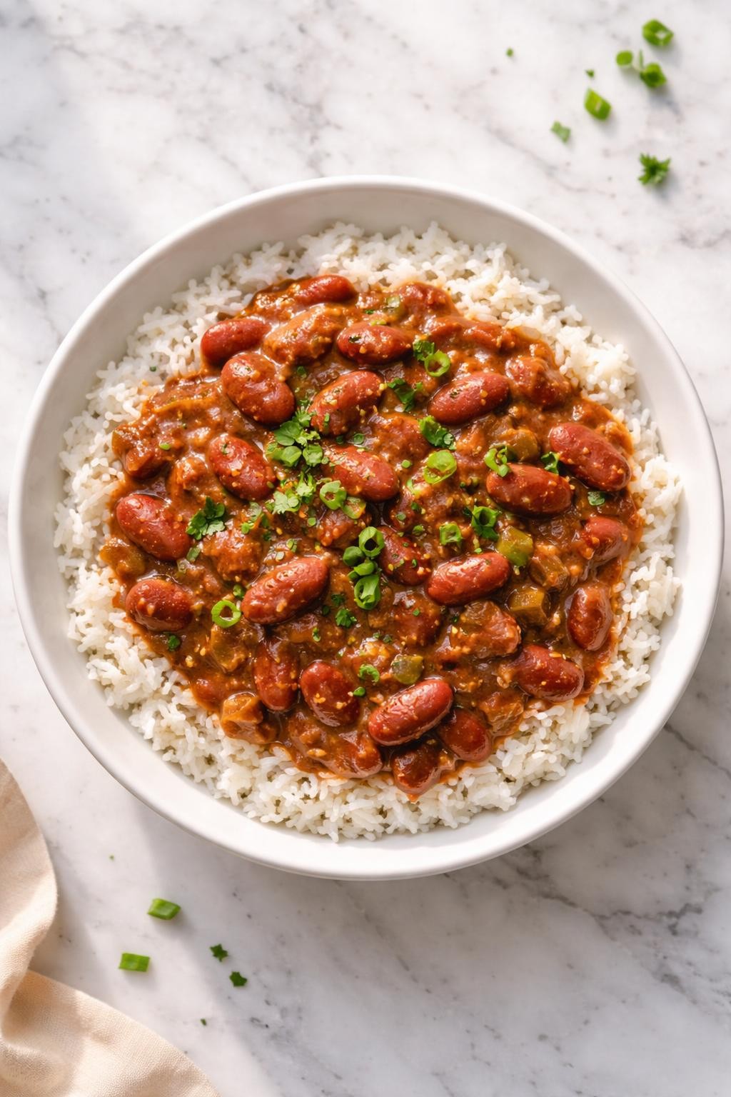 Image Prompt: Top-down realistic food photography of vegan red beans and rice in a white bowl on a clean marble countertop, creamy red beans in a rich seasoned sauce served over fluffy white rice, warm natural daylight, hearty Southern comfort dinner mood, no people, no hands, no text, no watermarks, no props with writing.