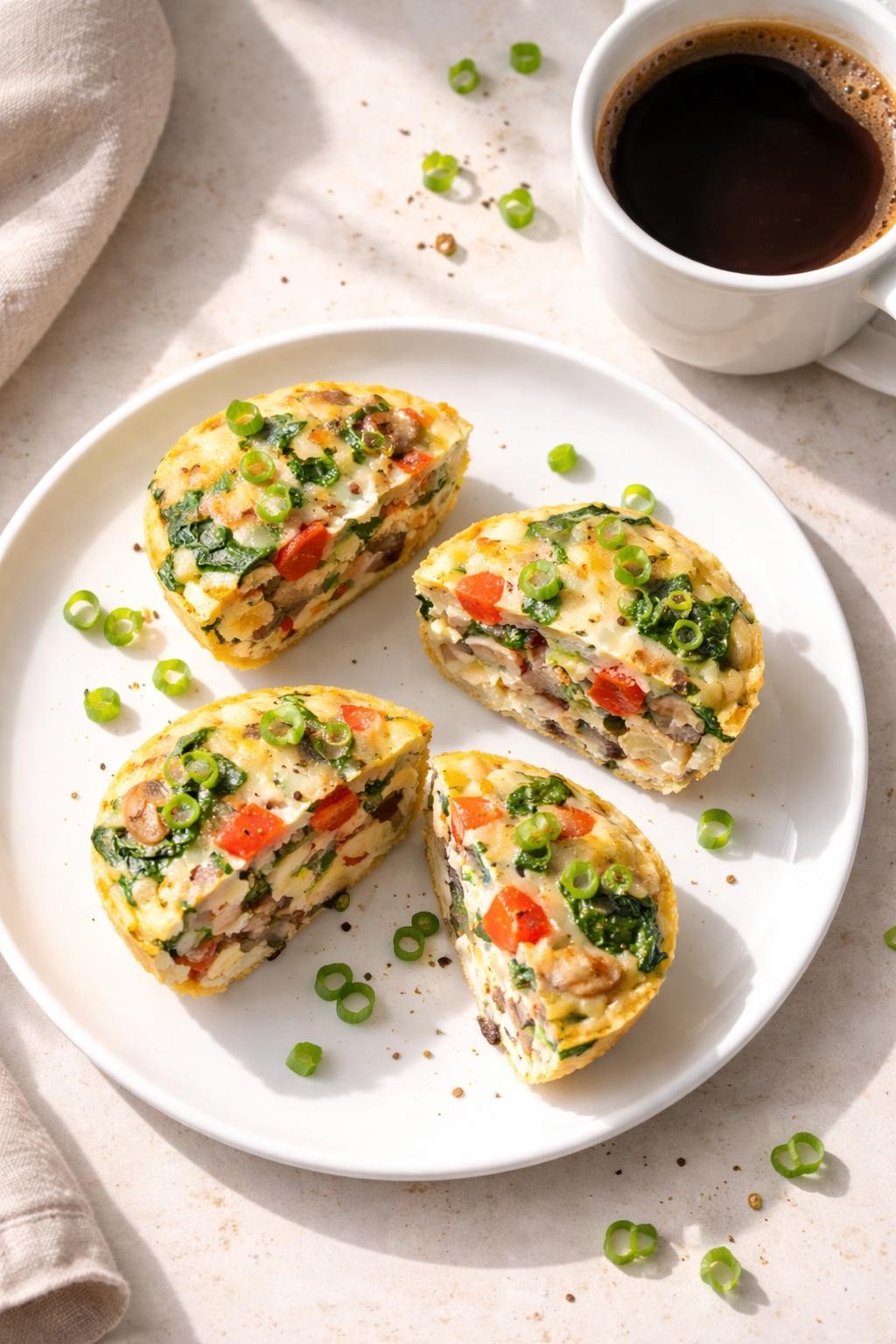 Photo prompt: Realistic top-down editorial food photography of a white plate with three egg muffins cut in half, showing bits of spinach, red bell pepper, and mushroom inside. A sprinkle of green onions on top. A cup of coffee beside the plate. Bright natural light, protein-packed grab-and-go breakfast mood, no people, no hands, no text, no watermarks, no props with writing.