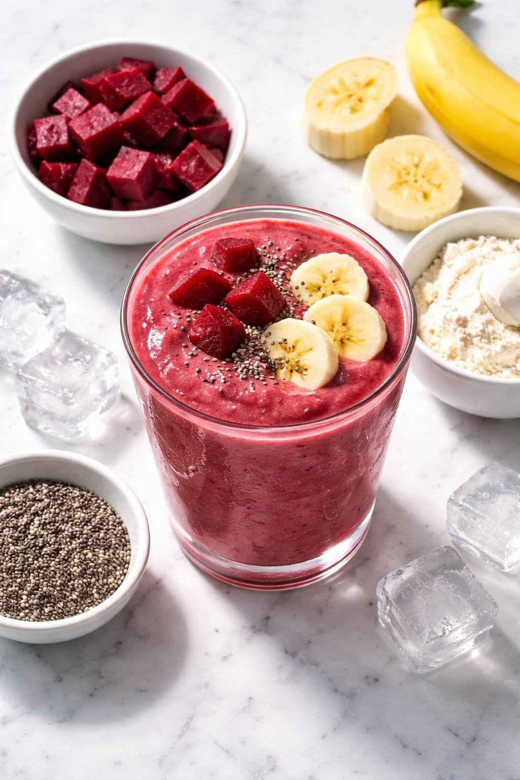 Realistic top-down editorial food photography of a beet protein smoothie served in a clear glass on a clean white marble countertop. The smoothie is deep pink-red, thick, smooth, and creamy, styled with beet cubes, banana slices, a small scoop of vanilla protein powder in a simple bowl, chia seeds, and ice cubes nearby. Bright natural daylight, clean healthy breakfast smoothie styling, realistic texture, high detail, no people, no hands, no text, no watermarks, no props with writing.
