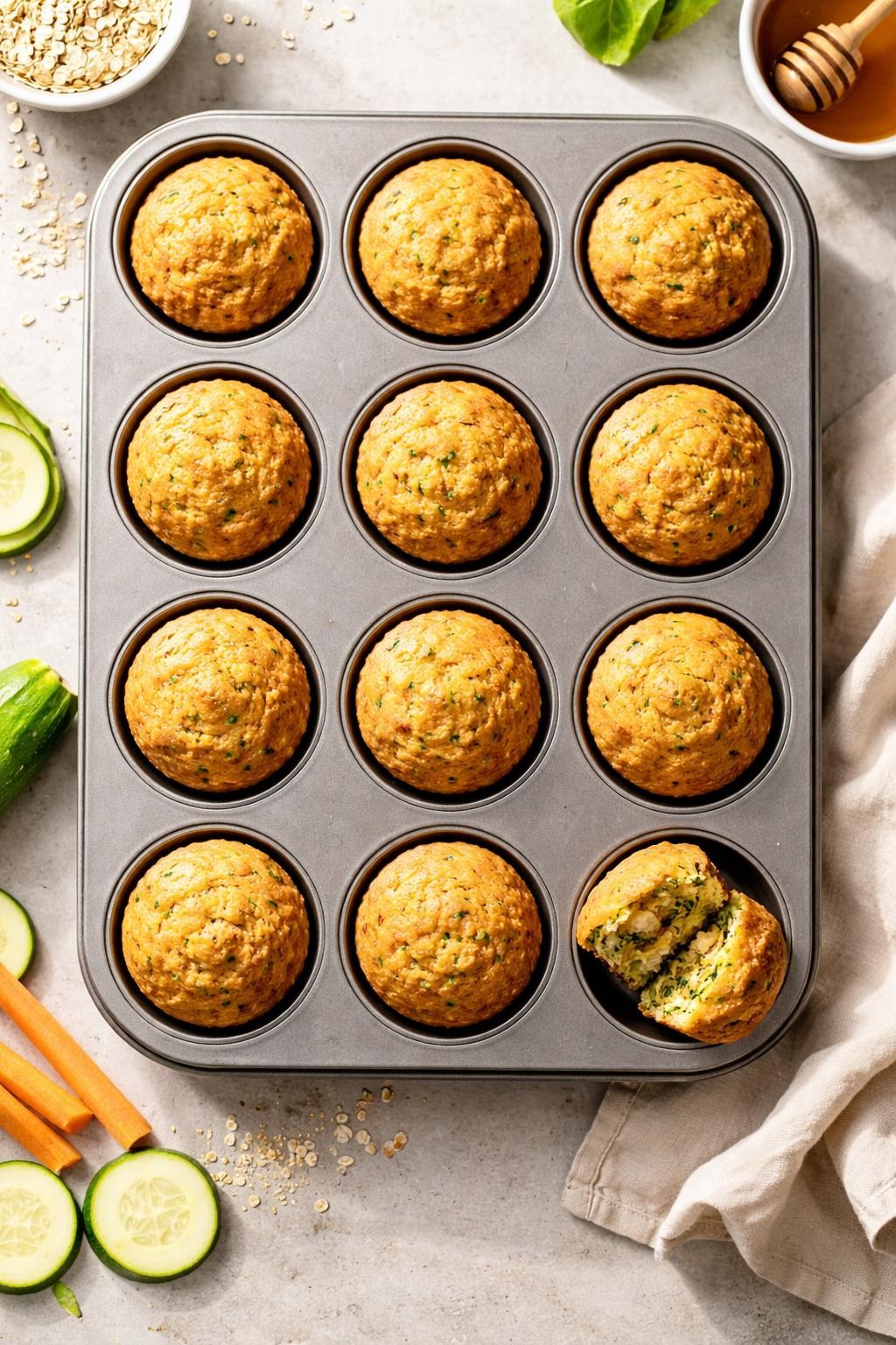 "Top-down realistic shot of a muffin tin filled with twelve golden-brown muffins, each with a slightly domed top. A muffin broken open to show the moist orange-green interior. Soft morning light, healthy snack prep, no people, no hands, no text, no watermarks."