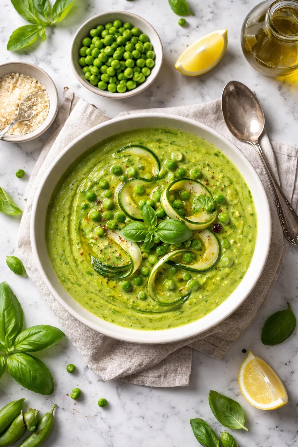 An overheard picture view of a plate of Zucchini and Pea Soup sitting on a marble countertop table in the kitchen, professional food photography style.