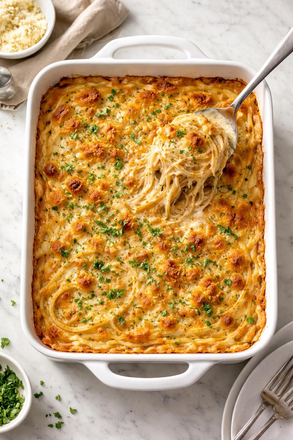 Prompt: Top-down realistic editorial food photography of creamy spaghetti casserole in a white baking dish on a clean light marble countertop, spaghetti noodles baked in a creamy cheesy sauce with golden browned top and scattered parsley, a spoonful lifted to show the rich tender inside, cozy homemade dinner mood, bright natural window lighting, soft shadows, clean composition, high detail, realistic food texture, no people, no hands, no text, no watermarks, no props with writing.