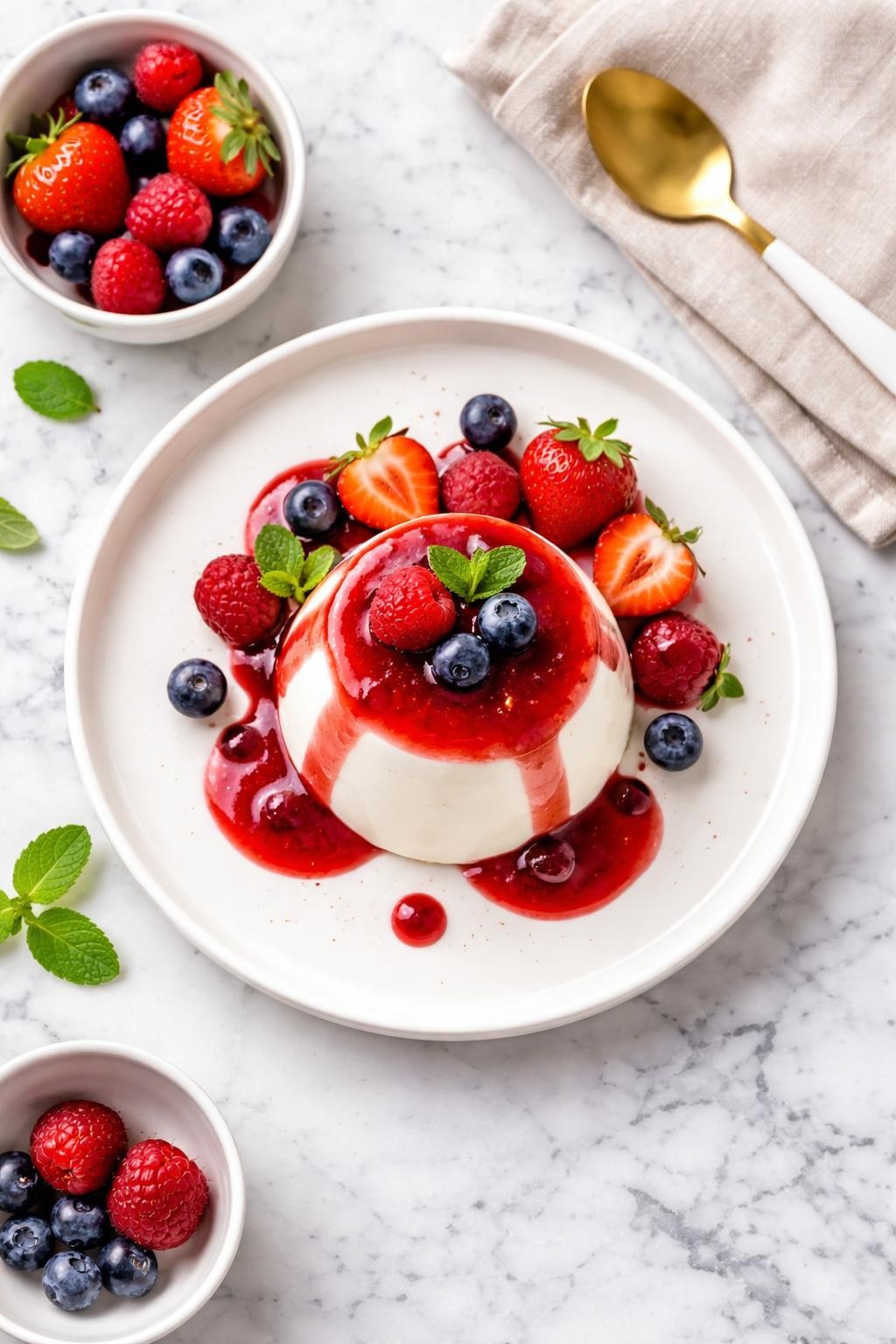 An overheard picture view of a plate of Panna Cotta sitting on a marble countertop table in the kitchen, professional food photography style.