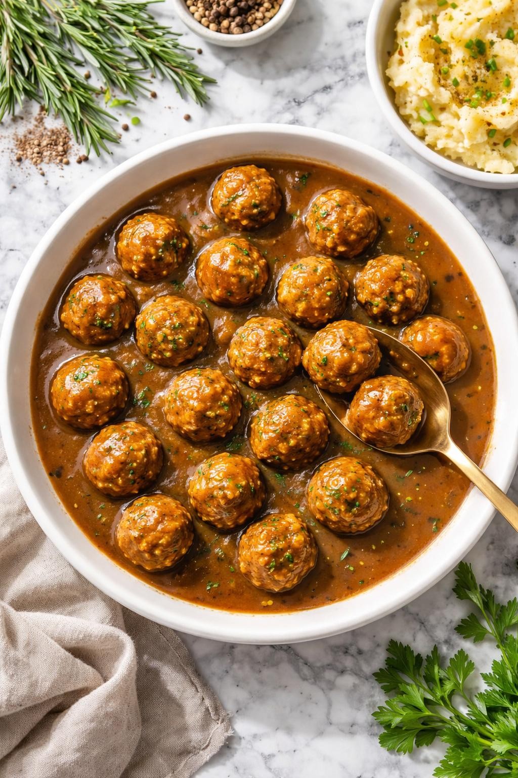 Image Prompt: Top-down realistic editorial food photography of vegan chickpea meatballs with gravy on a clean white and gray marble countertop, golden baked chickpea meatballs covered in rich brown gravy, festive homemade Thanksgiving main dish styling, bright natural light, soft shadows, high detail, no people, no hands, no text, no watermarks, no props with writing.