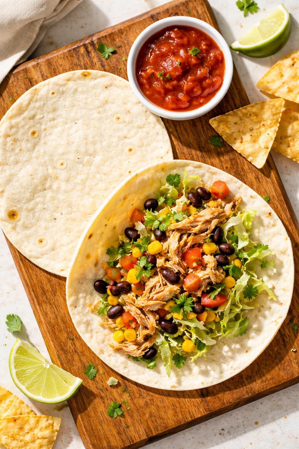 Prompt: Realistic top-down editorial food photography of two soft flour tortillas on a wooden board, one filled with shredded leftover chicken, black beans, corn, and shredded lettuce. A small ramekin of salsa and a lime wedge sit nearby. A few tortilla chips are scattered on the side. Bright daylight, casual and fun taco night vibe, no people, no hands, no text, no watermarks, no props with writing.