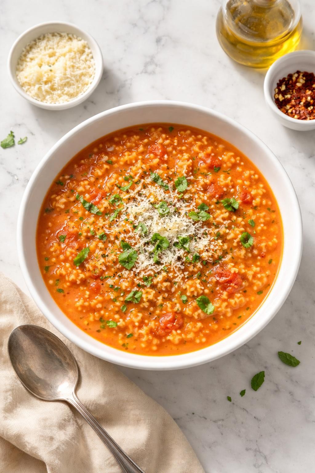Image Prompt: Realistic top-down editorial food photography of tomato pastina soup in a white bowl on a white marble countertop, tiny pastina pasta in a light tomato broth with herbs and grated parmesan, cozy homemade lunch mood, bright natural light, clean composition, no people, no hands, no text, no watermarks, no props with writing.