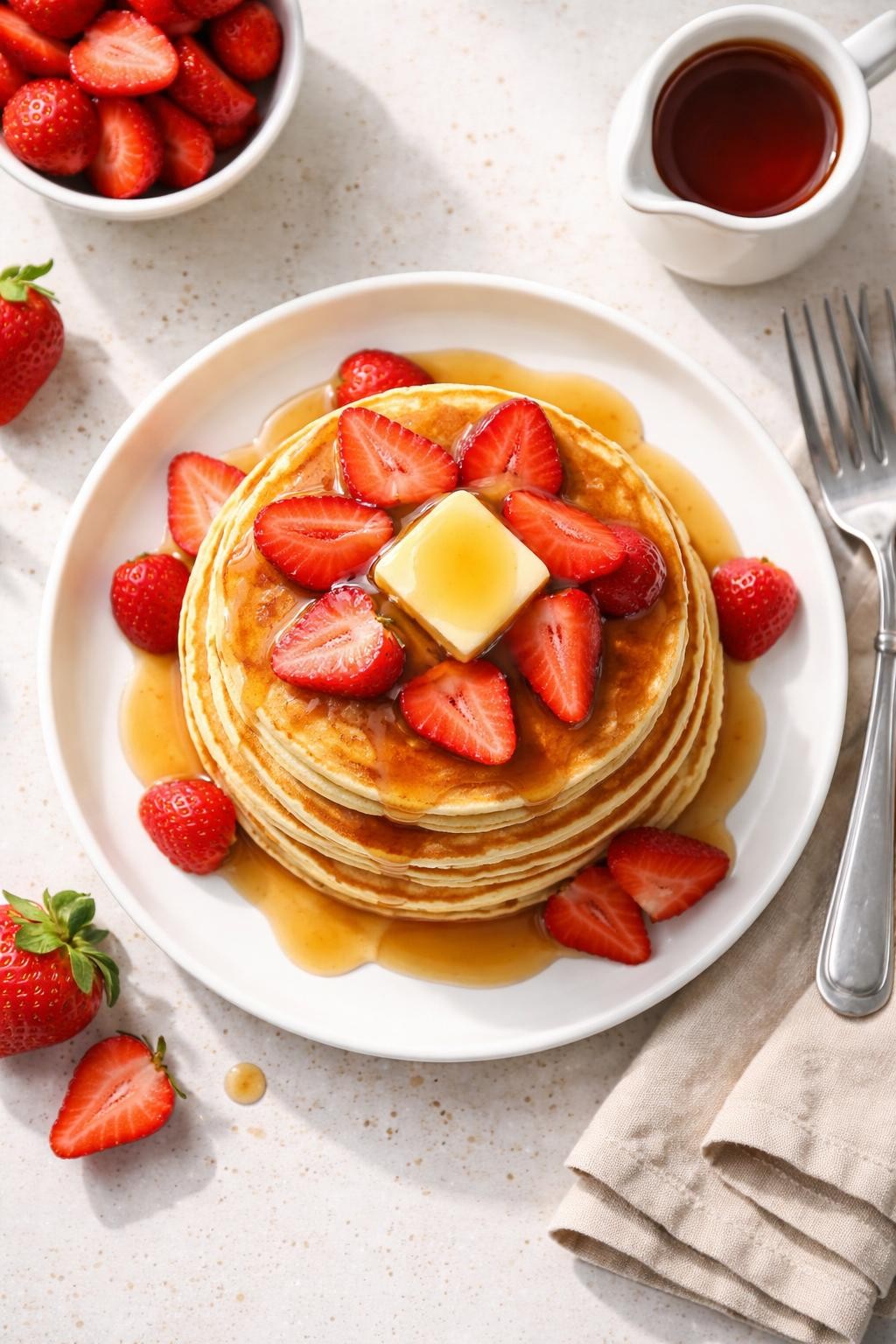 "Overhead realistic photo of a stack of fluffy pancakes on a plate, topped with sliced strawberries and a drizzle of maple syrup. A pat of butter melting on top. Bright morning light (even though it’s dinner), fun breakfast-for-dinner meal, no people, no hands, no text, no watermarks."