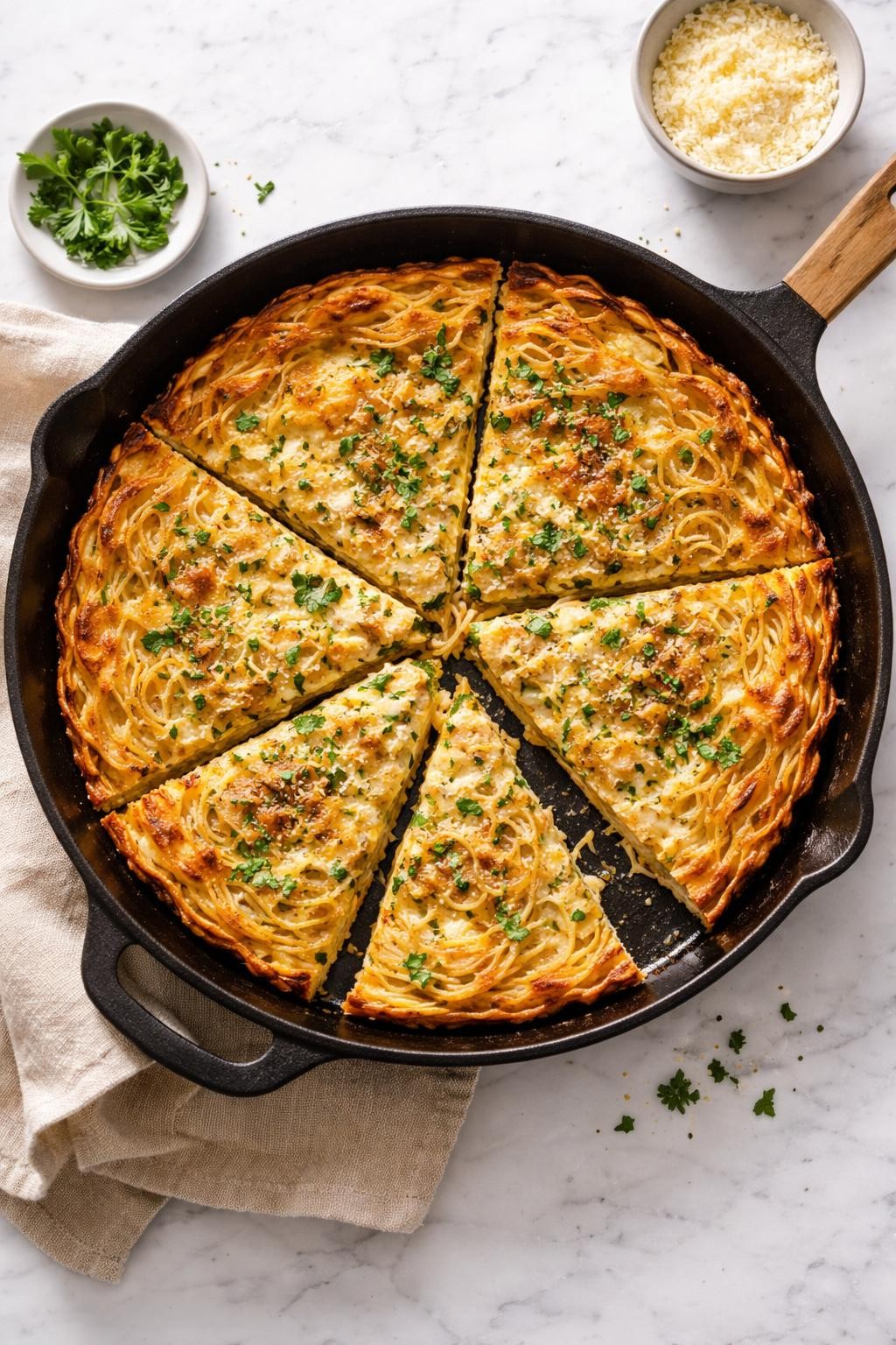 Prompt: Top-down realistic editorial food photography of a spaghetti frittata in a skillet on a clean light marble countertop, cooked spaghetti noodles mixed with eggs, herbs, and cheese, golden browned top with crisp edges, sliced into wedges to show the tender inside, cozy homemade meal mood, bright natural daylight, soft shadows, clean composition, high detail, realistic food texture, no people, no hands, no text, no watermarks, no props with writing.