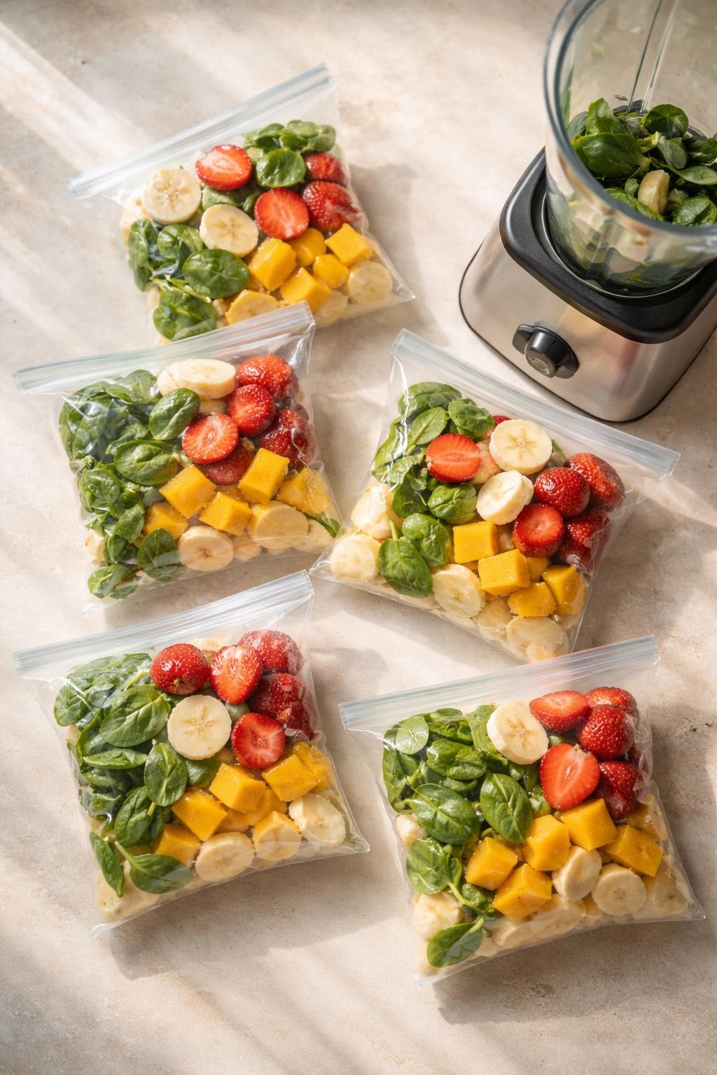 Photo prompt: Realistic top-down editorial food photography of five zip-top freezer bags, each filled with frozen banana slices, strawberries, spinach, and mango chunks. A blender next to the bags. Soft morning light, grab-and-blend breakfast prep mood, no people, no hands, no text, no watermarks, no props with writing.