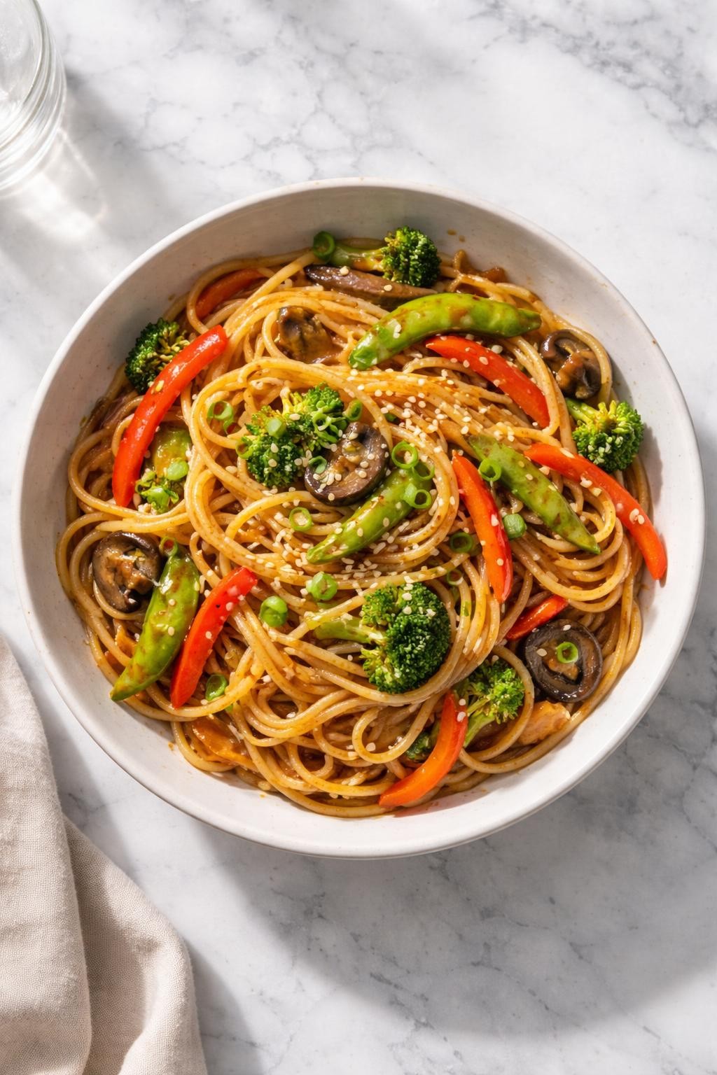 Prompt: Top-down realistic editorial food photography of leftover spaghetti stir-fry in a shallow bowl on a clean white and gray marble countertop, spaghetti noodles tossed with colorful vegetables, soy-based sauce, green onions, and sesame seeds, glossy noodles with a quick homemade dinner look, bright natural daylight, soft shadows, clean composition, high detail, realistic food texture, no people, no hands, no text, no watermarks, no props with writing.
