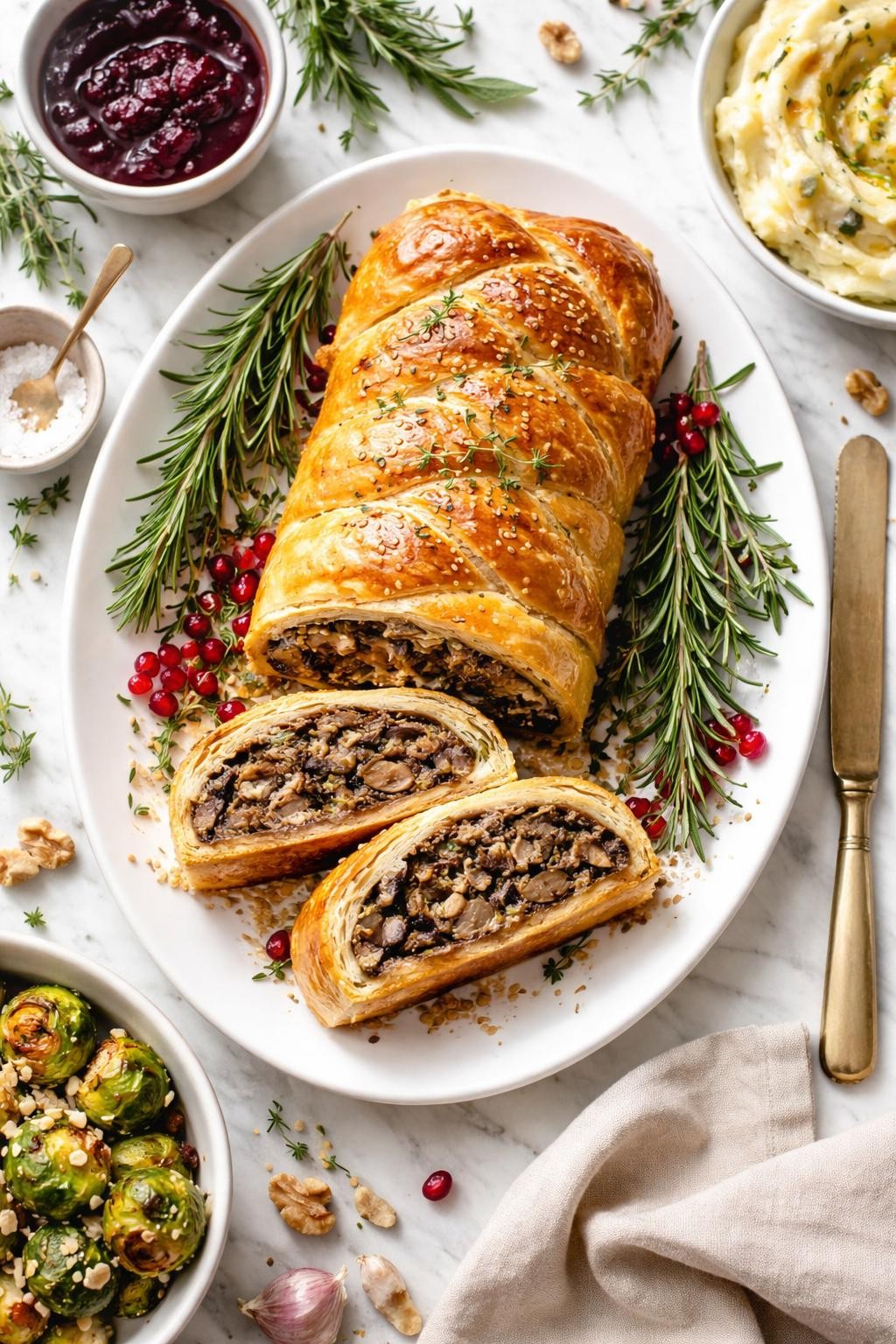 Image Prompt: Top-down realistic food photography of vegan mushroom wellington on a clean white marble countertop, golden flaky pastry wrapped around a savory mushroom and walnut filling, sliced to show the center, festive homemade Thanksgiving main dish styling, bright natural daylight, clean editorial composition, high detail, no people, no hands, no text, no watermarks, no props with writing.