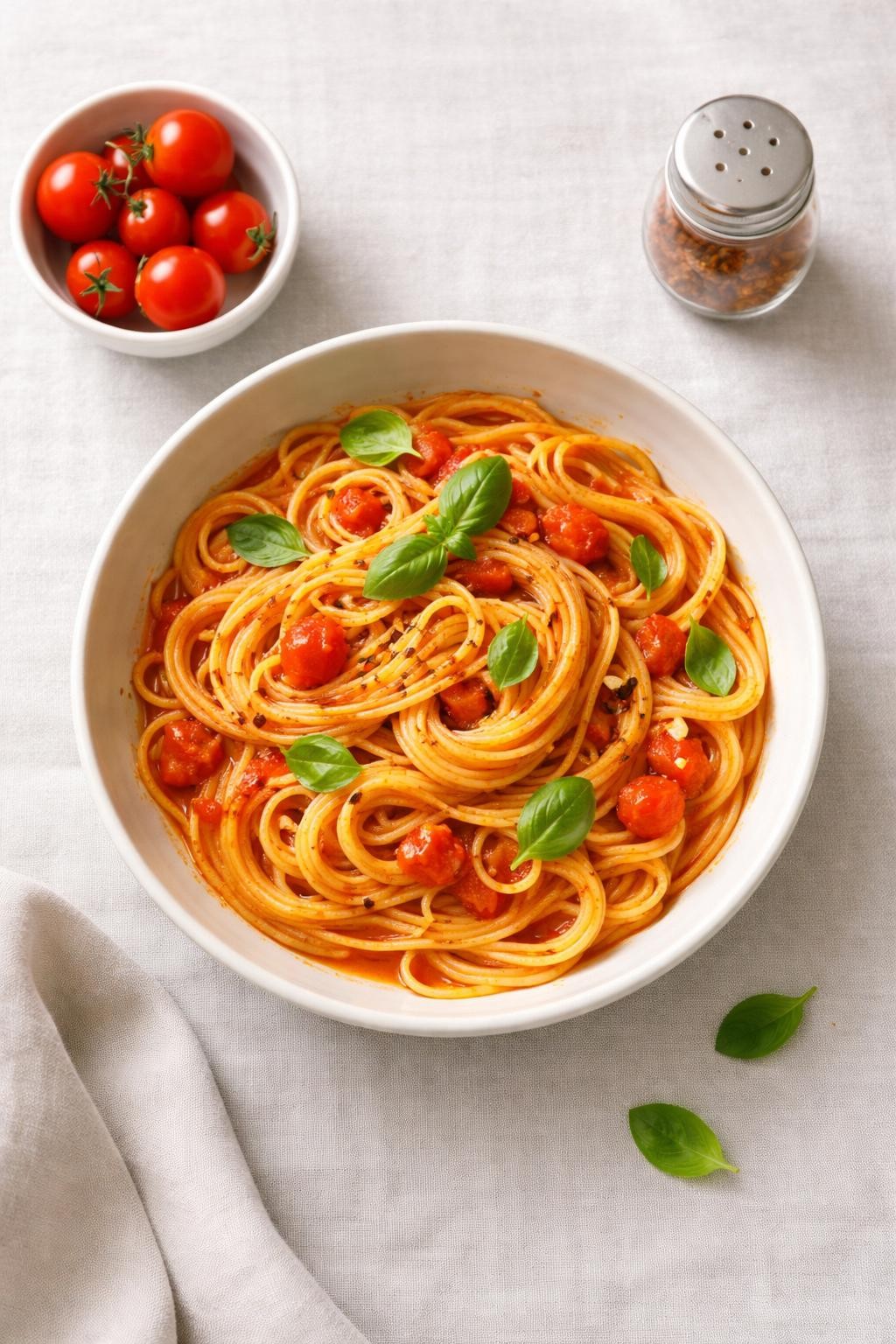 Prompt: Realistic top-down editorial food photography of a shallow bowl of spaghetti tossed in a simple tomato-garlic sauce with fresh basil leaves scattered on top. A few whole cherry tomatoes and a small shaker of red pepper flakes sit on a clean light-gray tablecloth. The pasta is twirled neatly, sauce clings to each strand. Soft window light, minimalist and calm presentation, no people, no hands, no text, no watermarks, no props with writing.