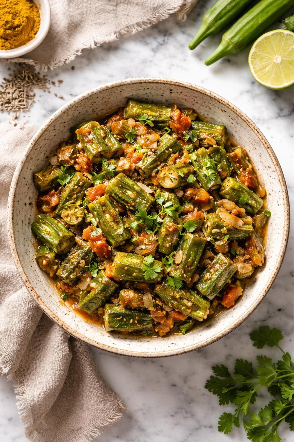 Image Prompt: Realistic top-down editorial food photography of bhindi masala in a rustic bowl on a clean white and gray marble countertop, sliced okra cooked with onions, tomatoes, cumin, and warm spices, topped with cilantro, cozy homemade vegan Indian side dish styling, bright natural window lighting, soft shadows, clean composition, high detail, realistic food texture, no people, no hands, no text, no watermarks, no props with writing.