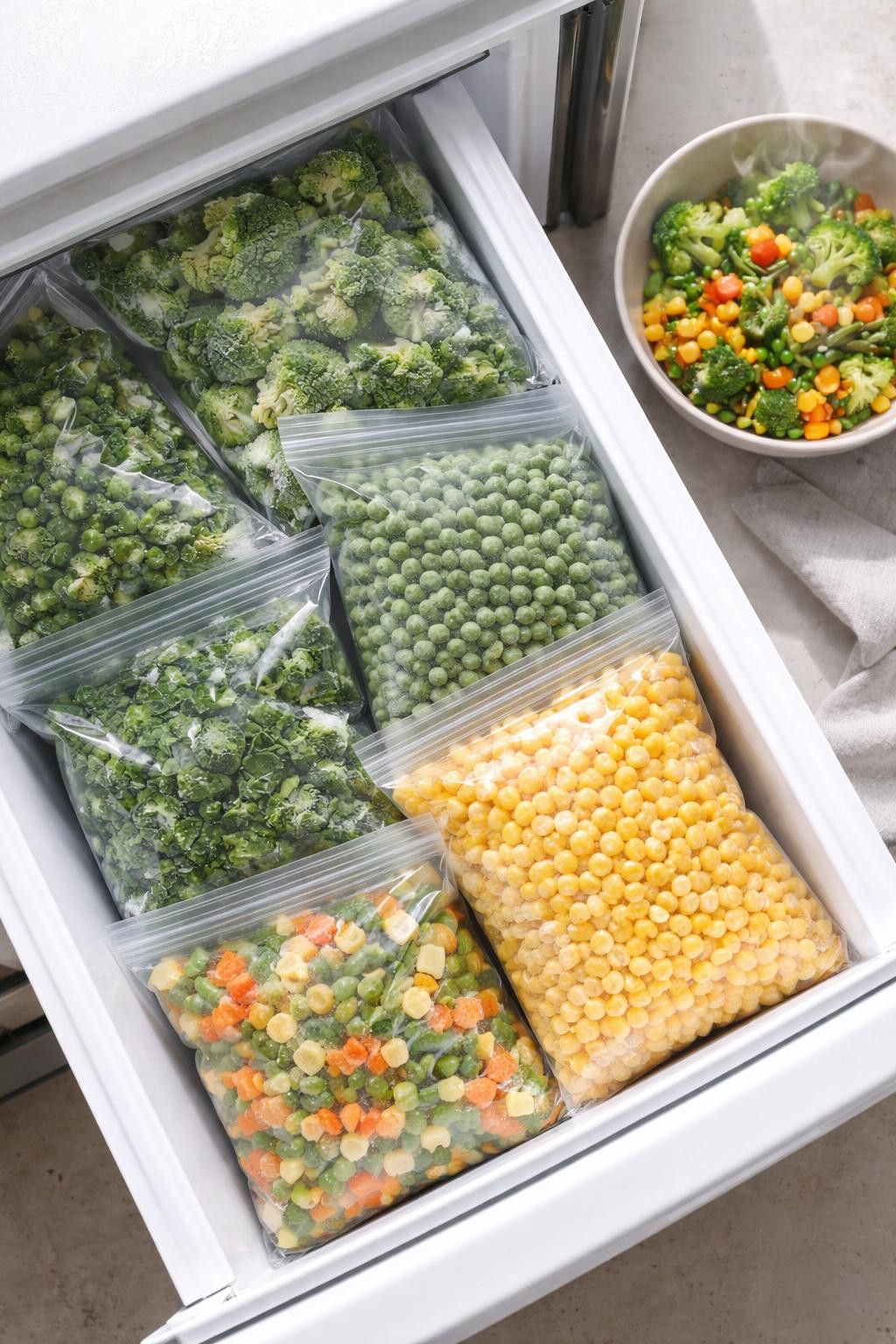 Photo prompt: Realistic top-down editorial food photography of an open freezer drawer filled with bags of frozen broccoli, peas, corn, spinach, and mixed vegetables. A bowl of steaming vegetables next to it. Soft natural light, freezer shortcut mood, no people, no hands, no text, no watermarks, no props with writing.