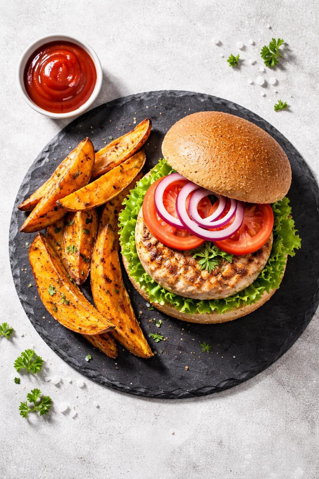 "Realistic top-down food photography of a turkey burger on a whole wheat bun on a slate plate. The burger is topped with lettuce, tomato, and red onion. A side of baked sweet potato wedges and a small bowl of ketchup. Bright natural light, juicy and lean healthier burger night, no people, no hands, no text, no watermarks."