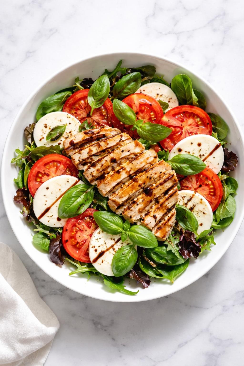 Image Prompt: Realistic top-down editorial food photography of a grilled chicken Caprese salad in a shallow white bowl on a clean marble countertop, sliced grilled chicken with tomato slices, fresh mozzarella, basil leaves, and mixed greens, balsamic glaze lightly drizzled on top, bright natural daylight, fresh elegant lunch styling, no people, no hands, no text, no watermarks, no props with writing.