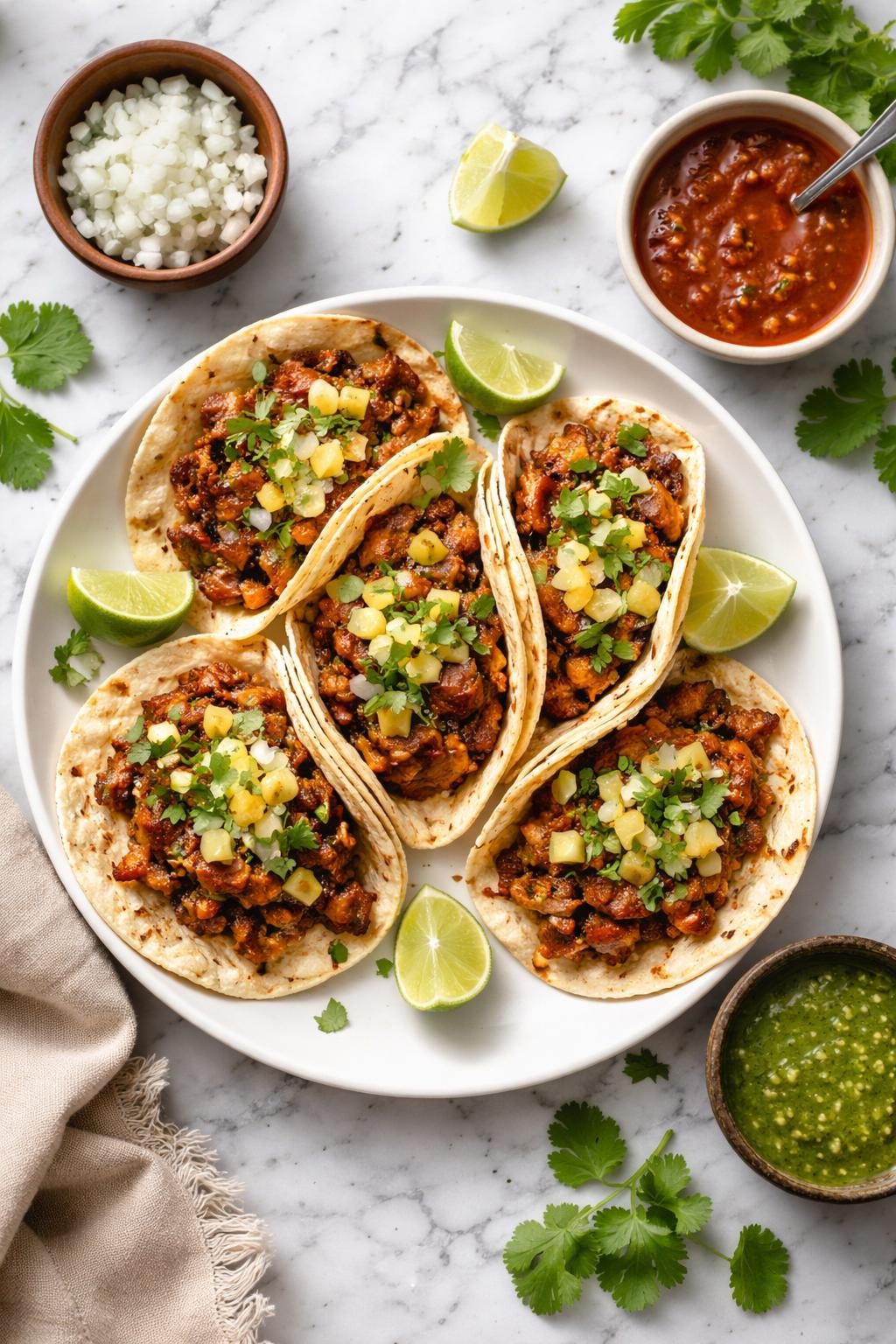 An overheard picture view of a plate of Tacos al Pastor sitting on a marble countertop table in the kitchen, professional food photography style.