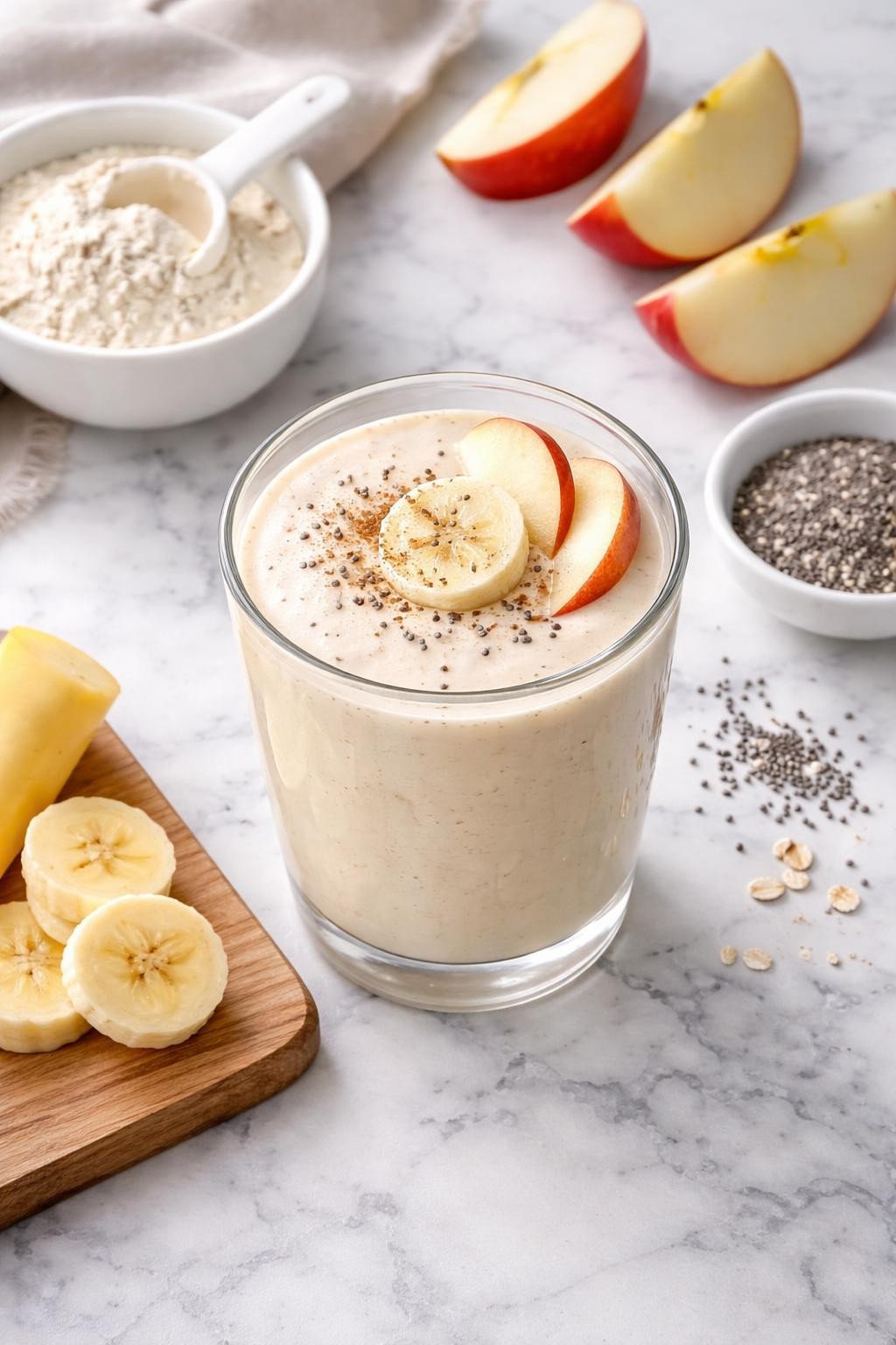 Realistic top-down editorial food photography of a creamy apple protein smoothie in a clear glass on a clean white and gray marble countertop. The smoothie is pale cream, thick, and smooth, styled with apple slices, banana rounds, a small scoop of plain protein powder in a simple bowl, and chia seeds nearby. Bright natural window lighting, clean healthy breakfast styling, realistic smoothie texture, high detail, no people, no hands, no text, no watermarks, no props with writing.