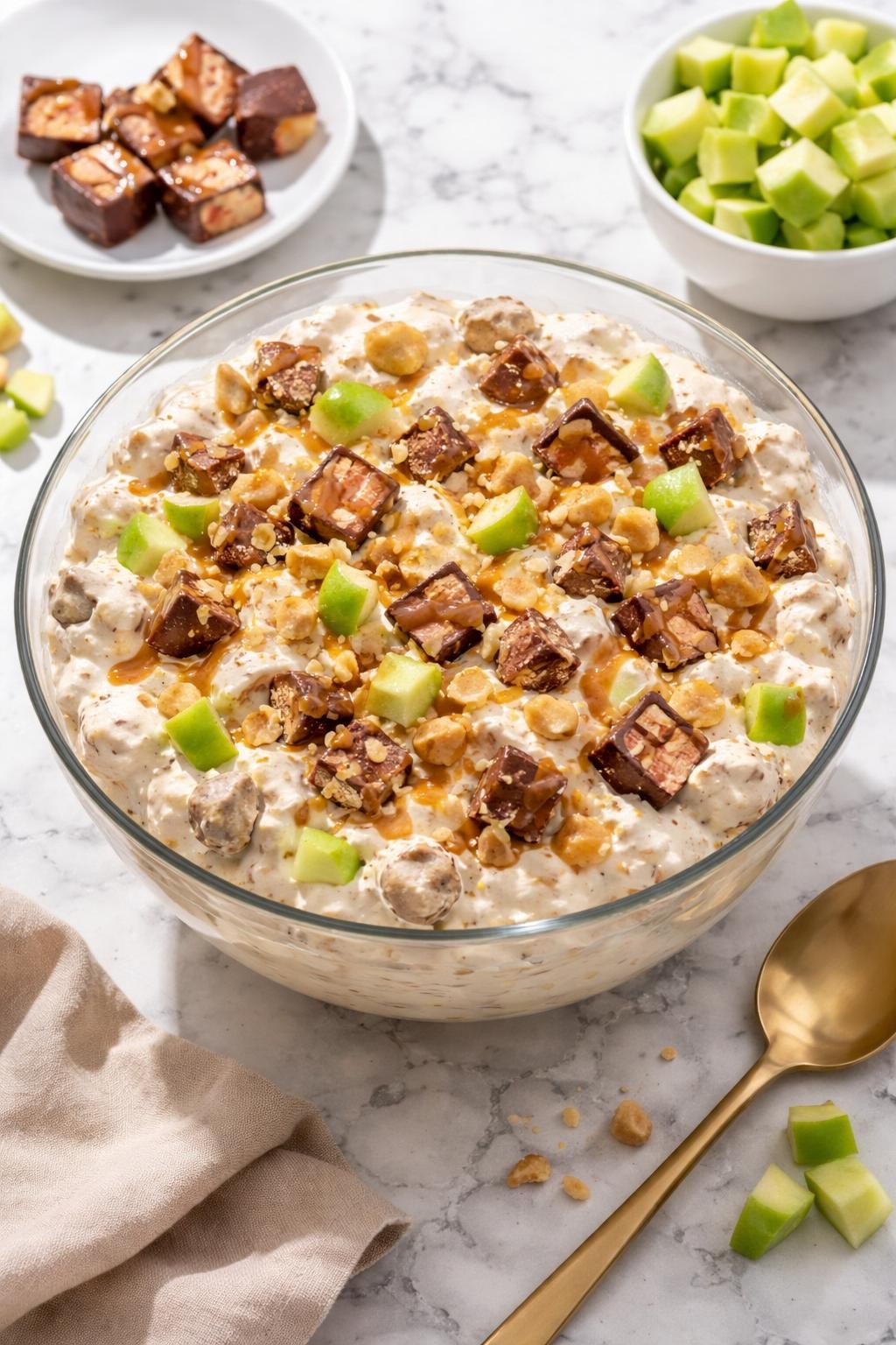 Image Prompt: Realistic top-down editorial food photography of apple Snickers fluff salad in a clear glass bowl on a clean white and gray marble countertop, creamy caramel fluff with chopped apples, Snickers candy pieces, whipped topping, and pudding base, fun potluck dessert styling, bright natural window lighting, soft shadows, clean composition, high detail, realistic texture, no people, no hands, no text, no watermarks, no props with writing.