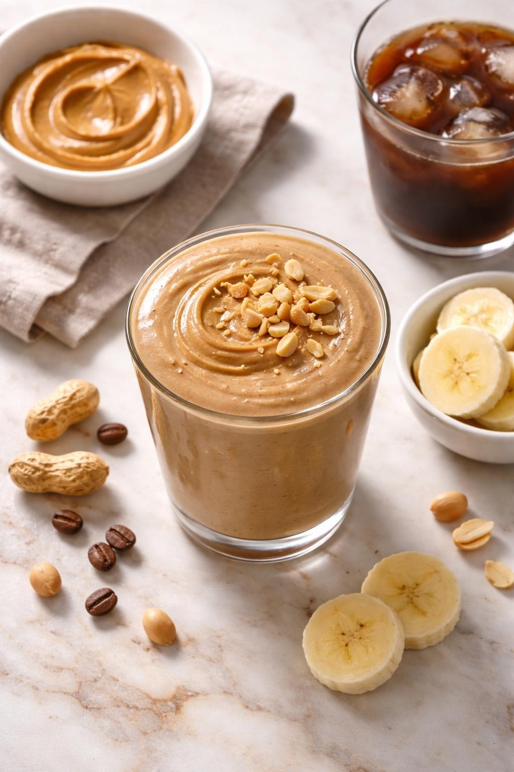 Realistic top-down editorial food photography of a creamy peanut butter coffee smoothie in a clear glass on a light marble countertop. The smoothie is tan coffee brown, thick, smooth, and glossy, styled with peanut butter in a plain small dish, banana slices, cold coffee, and a few peanuts nearby. Soft natural daylight, cozy breakfast smoothie styling, realistic thick texture, high detail, no people, no hands, no text, no watermarks, no props with writing.